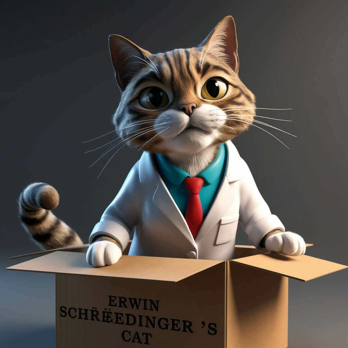 Cartoon of Schrödinger's cat, wearing a lab coat, standing in a box.
