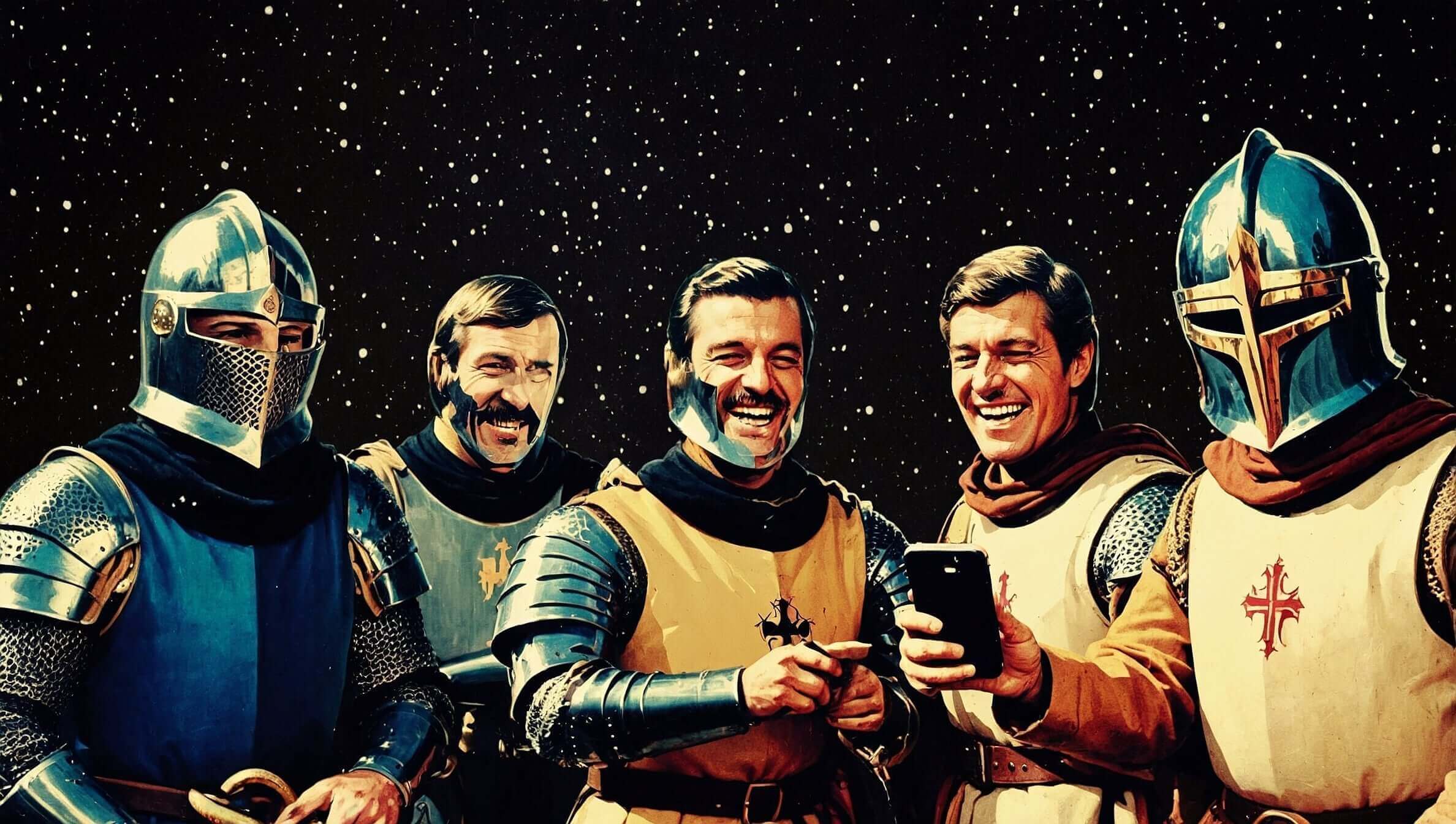 Medieval knights laughing at a smartphone, illustrating the viral influence of digital content in modern culture.