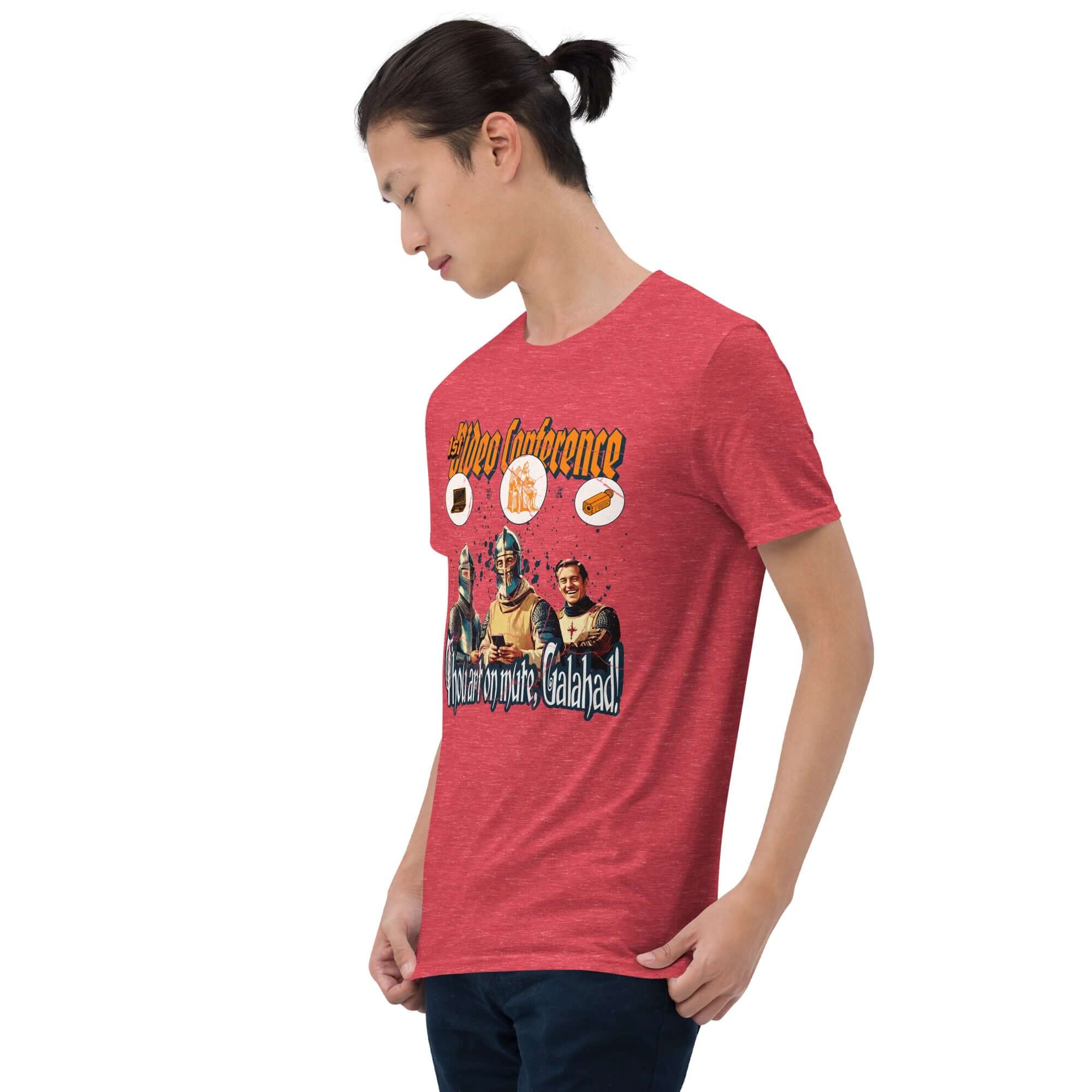 Man wearing "1st Video Conference" medieval humor t-shirt with knights and comic text "Thou Art On Mute, Galahad!"