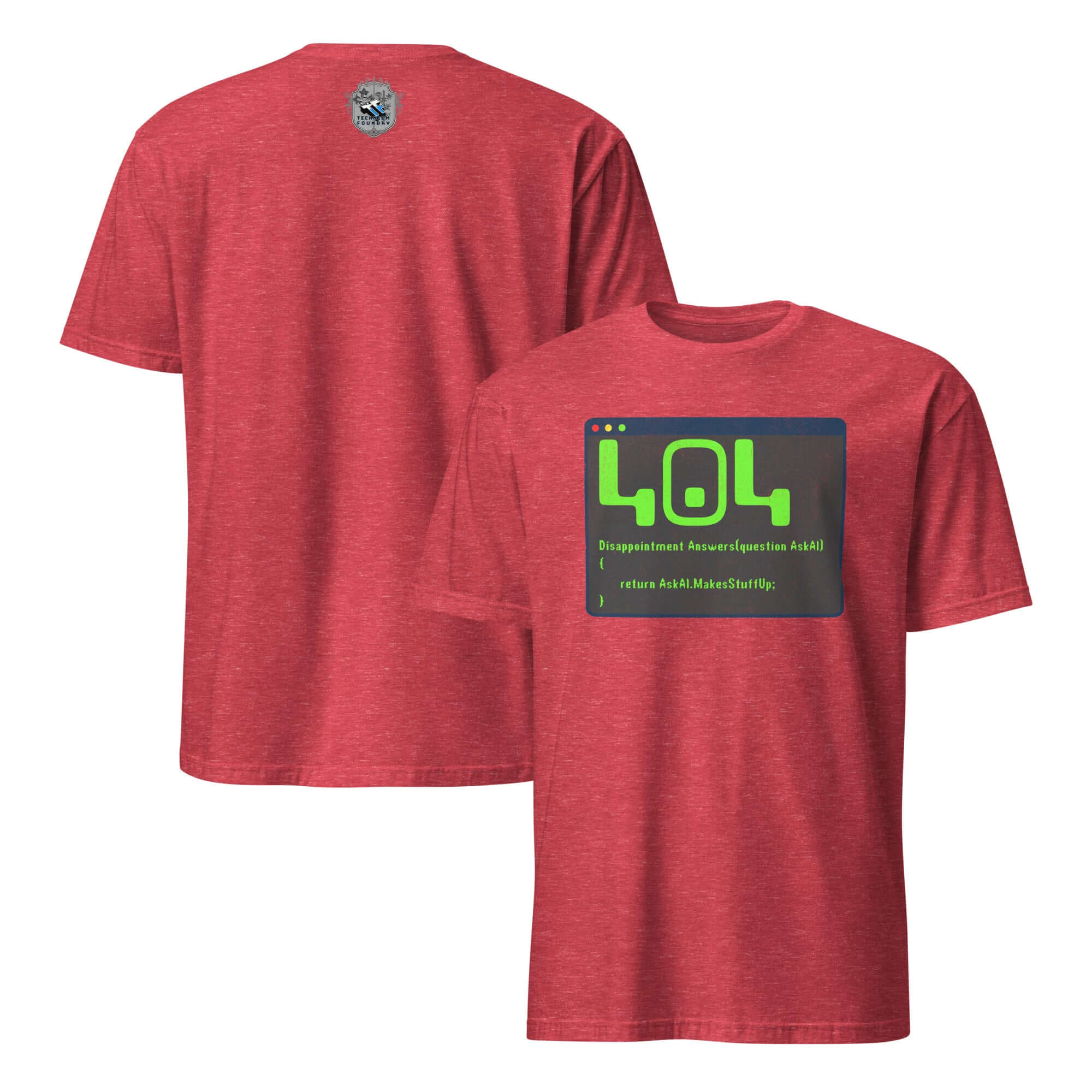 404 Disappointment Error T-Shirt with AI Humor Design, Red Color, Front and Back View, For Developers, Funny Geek Apparel