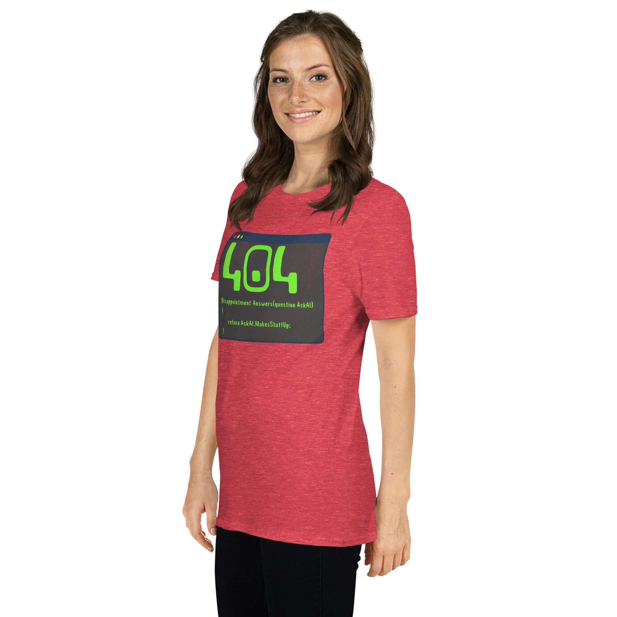 Woman wearing red 404 Disappointment Error T-Shirt with AI humor for developers, showcasing status code design and terminal window aesthetic.