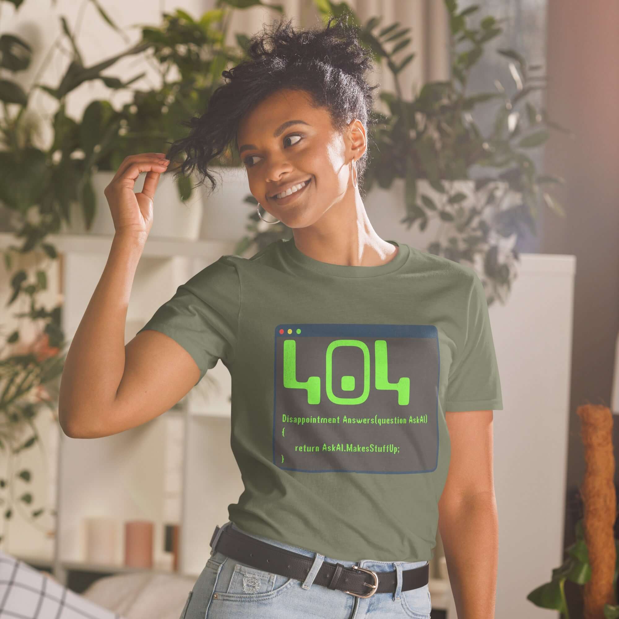 Woman wearing 404 Disappointment Error T-Shirt, AI humor for developers, featuring a terminal window design, casual indoor setting