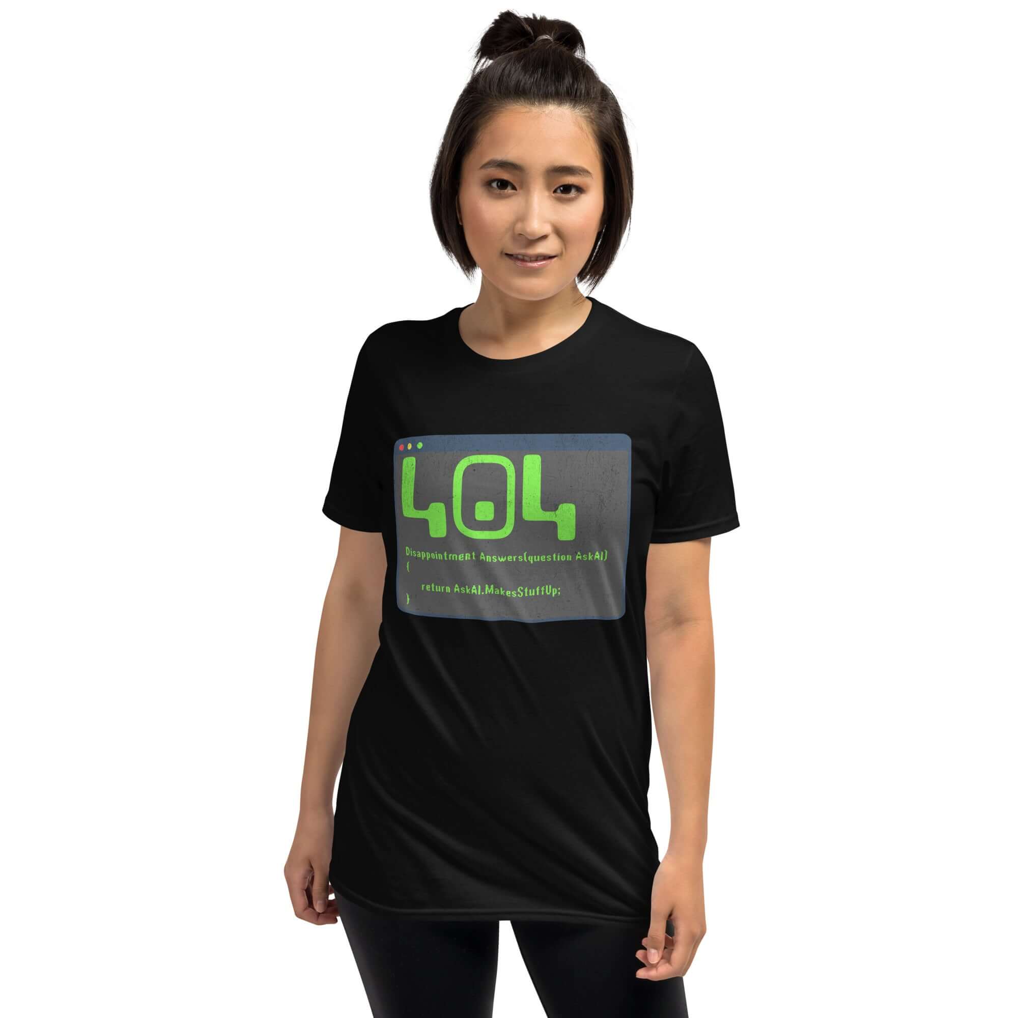 Person wearing a black T-shirt with 404 Disappointment Error message, AI humor design for developers, featuring terminal window aesthetic.