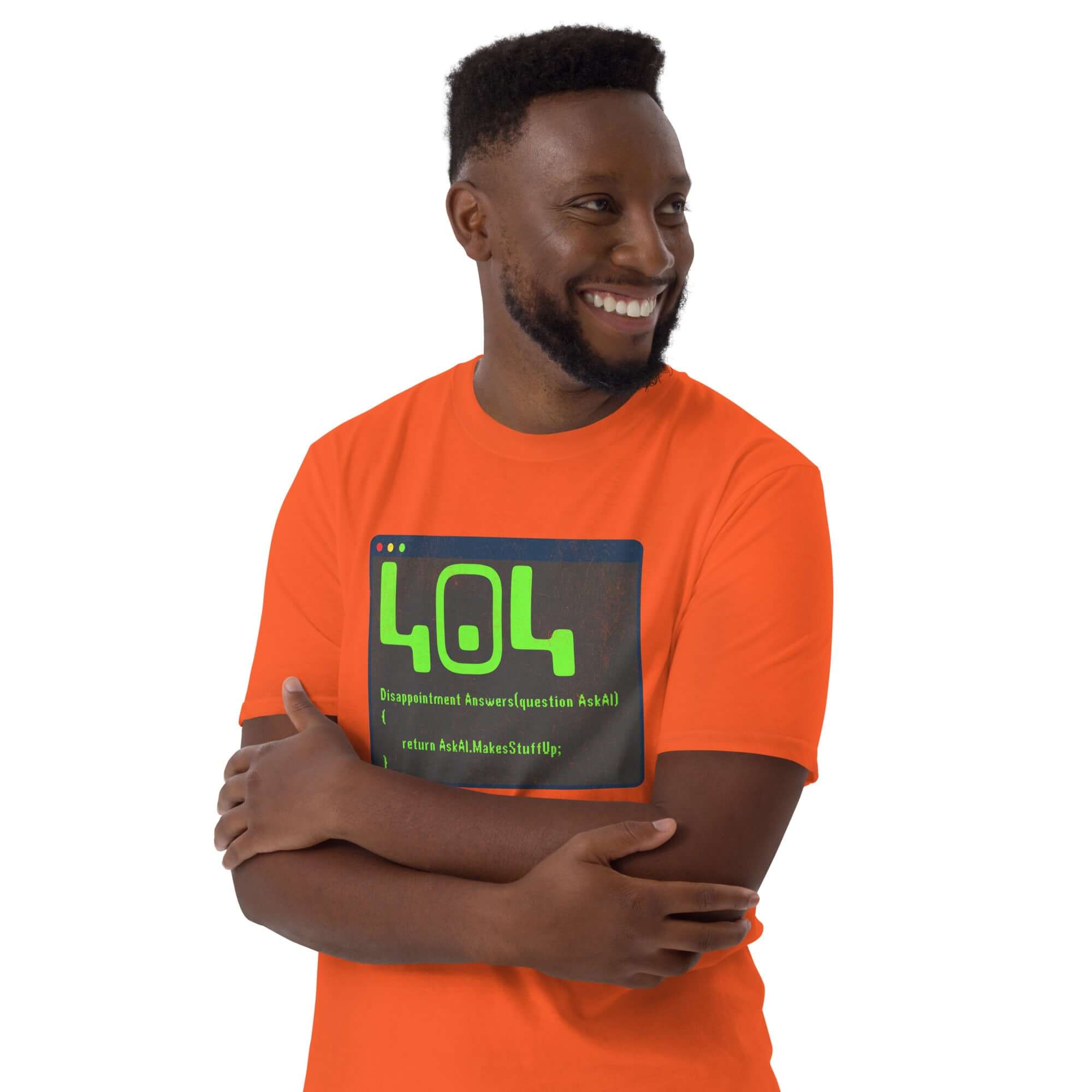 Man wearing 404 Disappointment Error T-Shirt with AI humor design for developers.