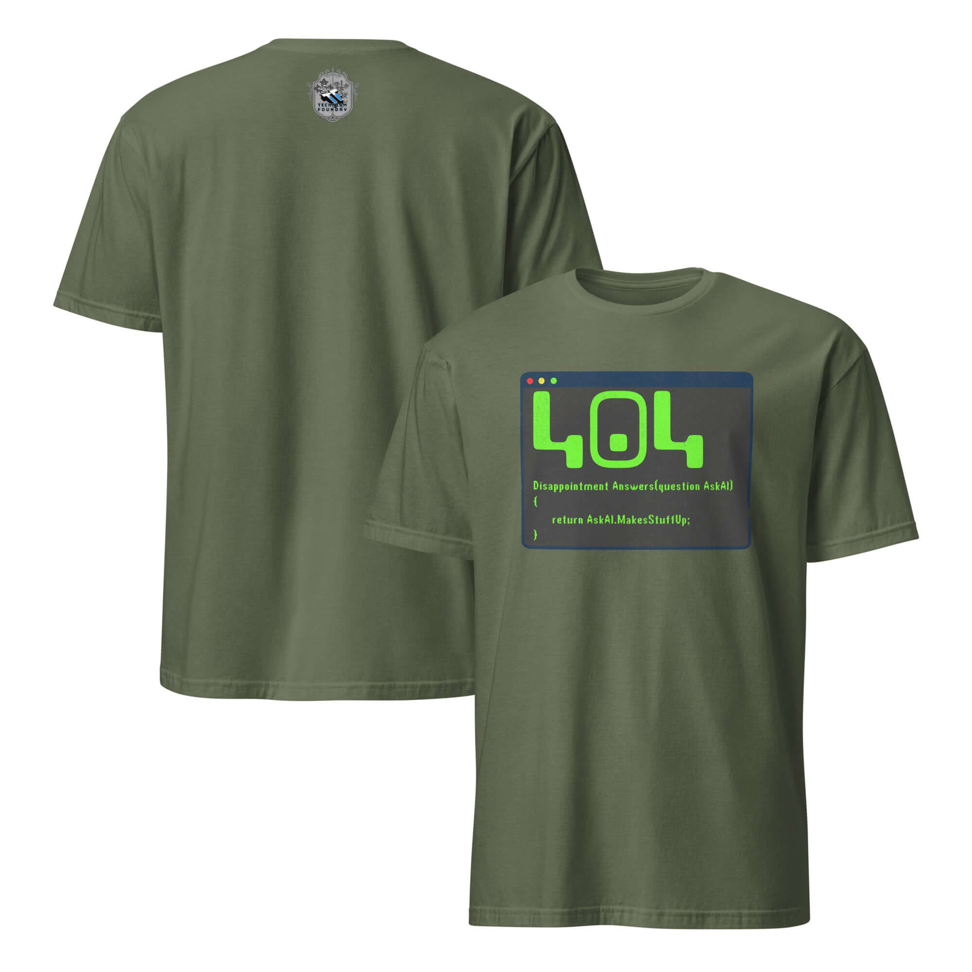404 Disappointment Error T-Shirt with AI Humor for Developers, featuring green terminal design on olive green cotton fabric.