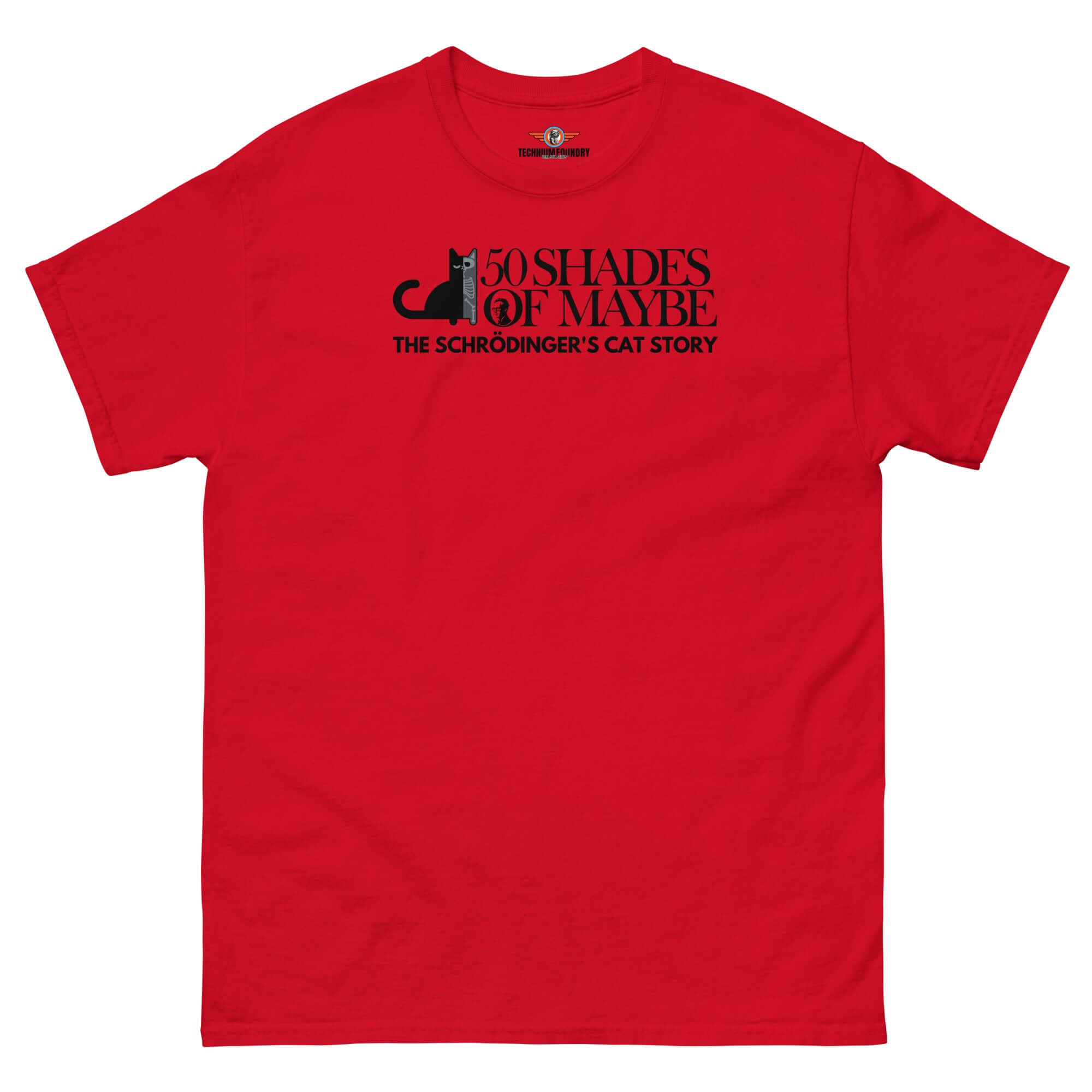 Red '50 Shades of Maybe' Schrödinger's Cat Parody T-Shirt featuring minimalist cat design for quantum physics humor lovers.