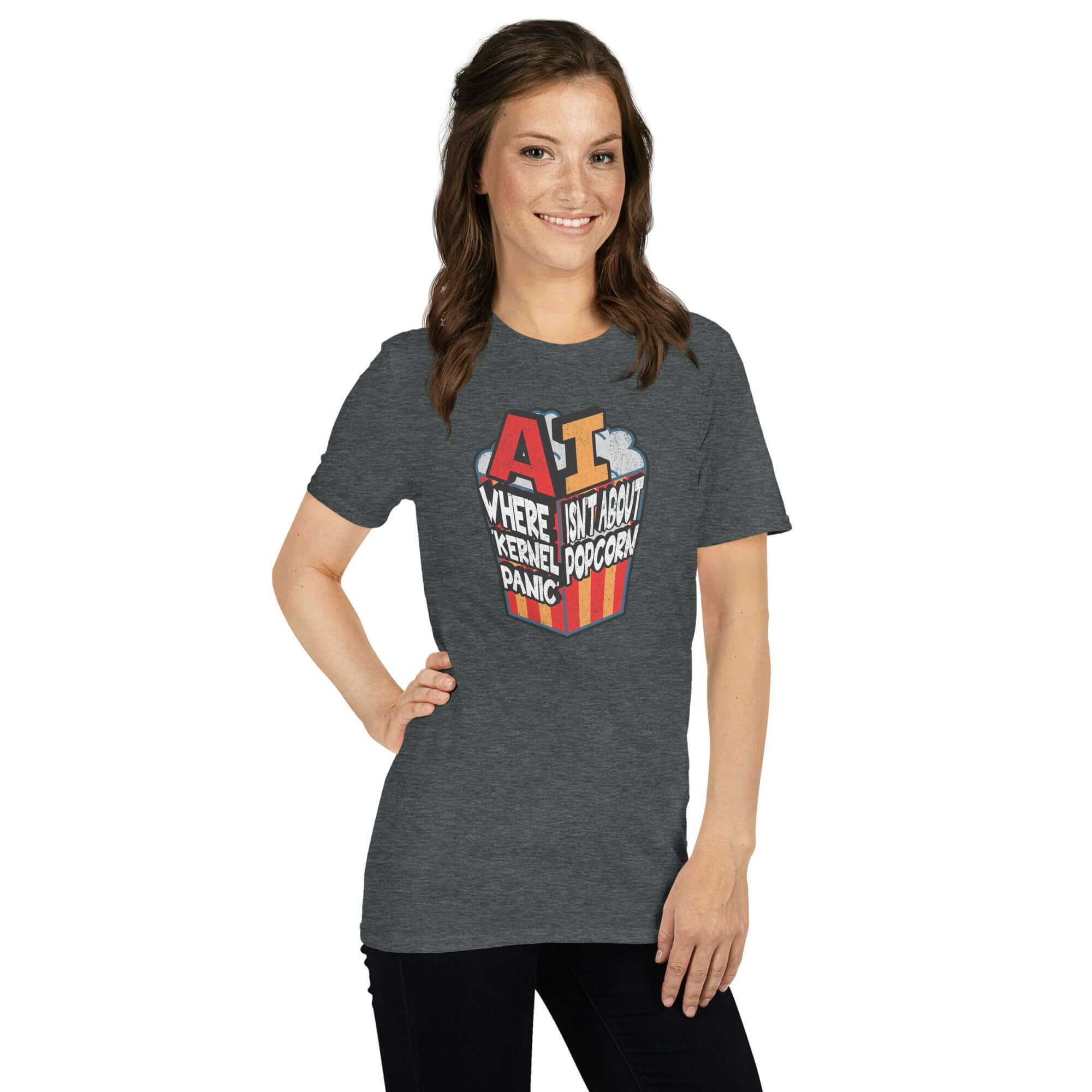 Person wearing 'AI: Where Kernel Panic Isn't About Popcorn' graphic t-shirt, showcasing computer humor and tech pun design.