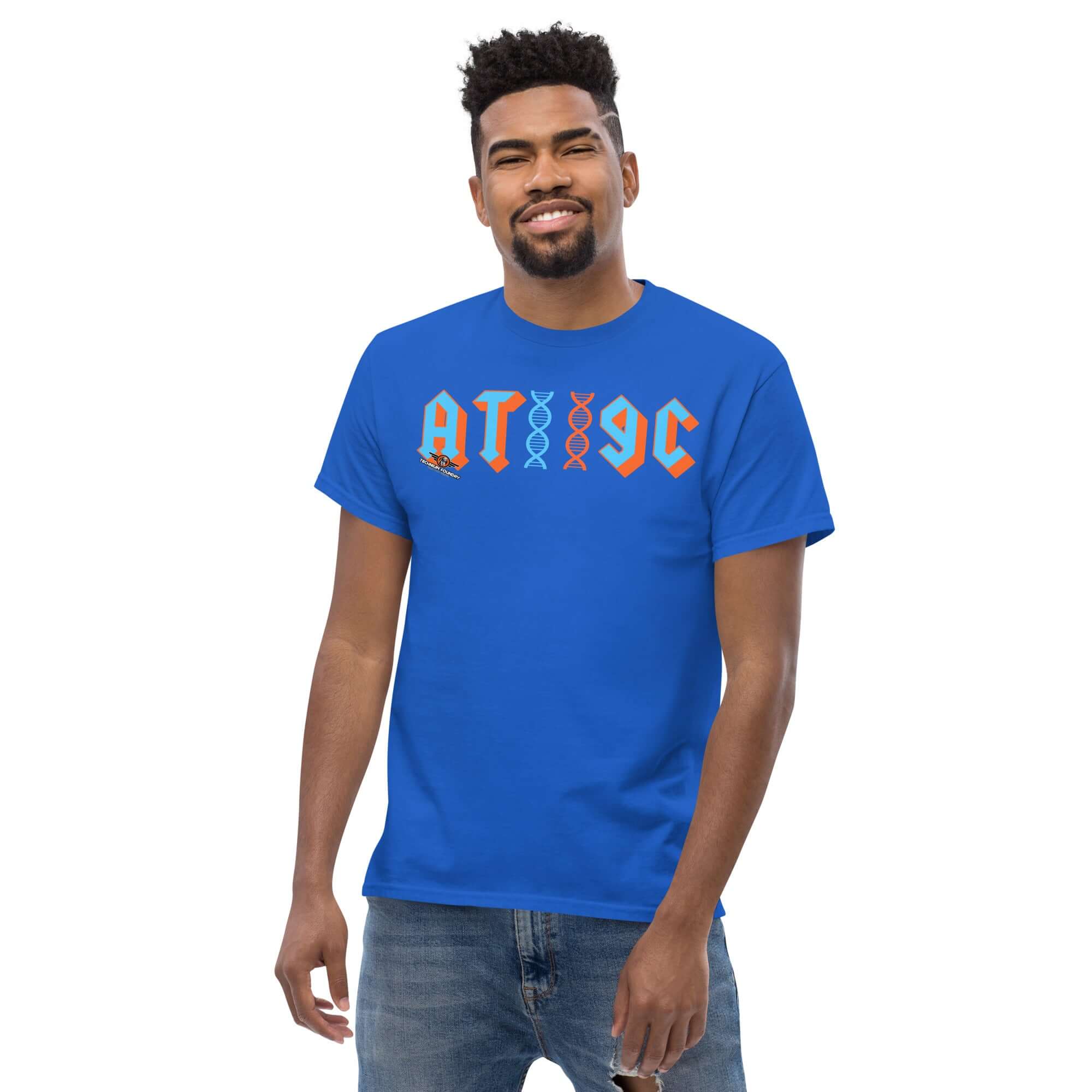 AT/GC Rock Band DNA T-Shirt featuring genetic humor design with nucleotide base pairs, blue shirt, ideal for science and music enthusiasts.