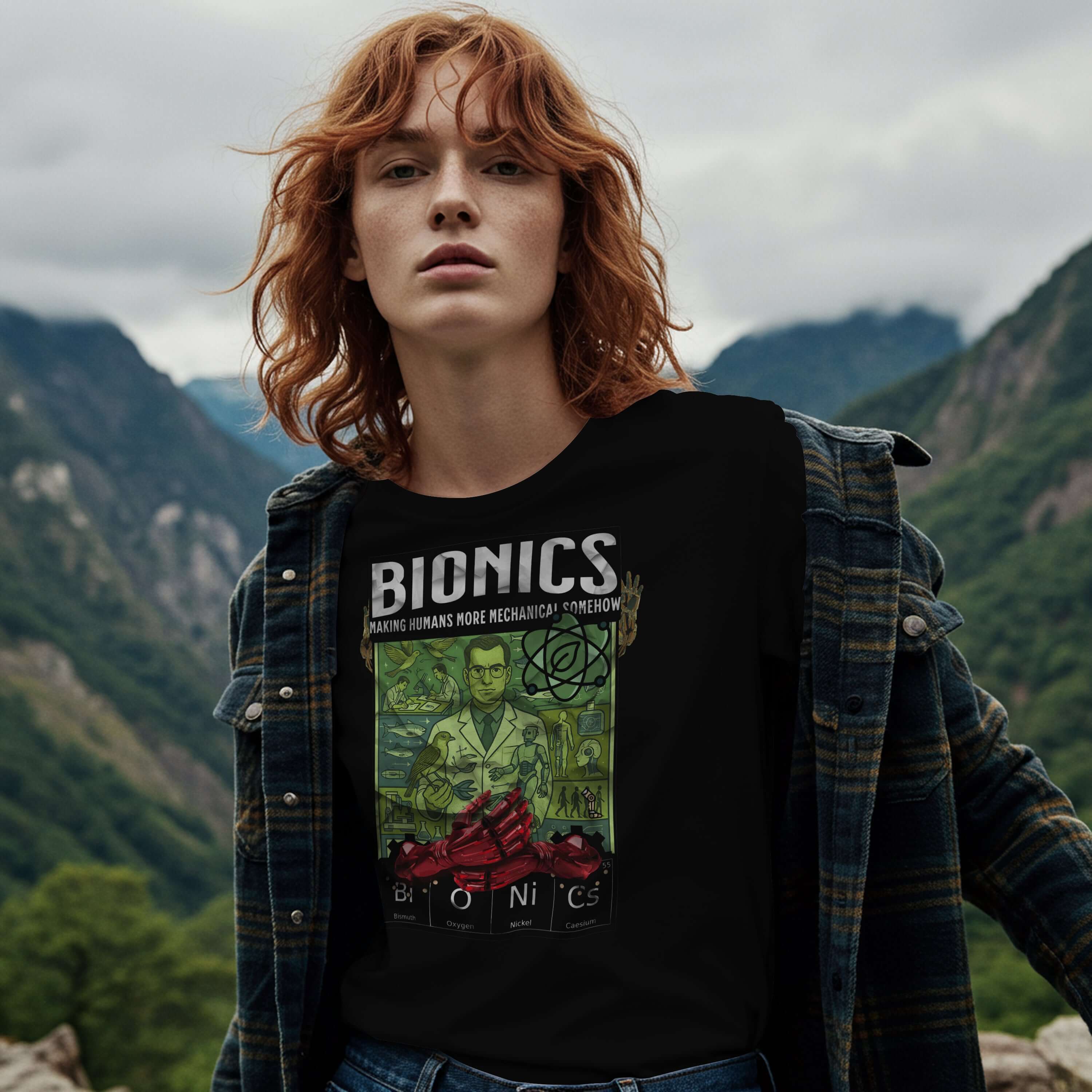 Person wearing a Bionics T-Shirt featuring a vintage scientific poster in a scenic mountain setting.