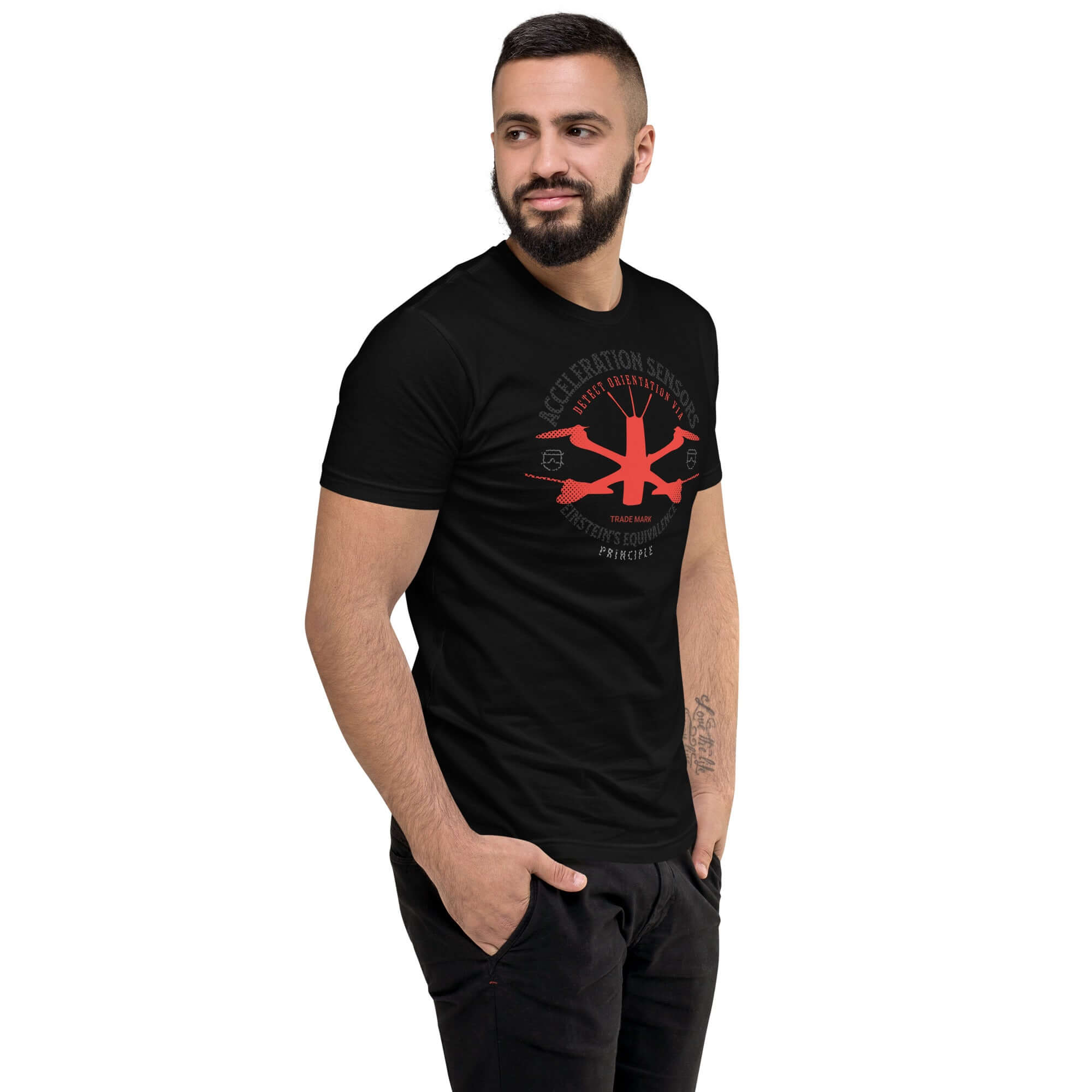 Man wearing Acceleration Sensors T-Shirt, featuring Einstein's Equivalence Principle design, perfect for physics enthusiasts.