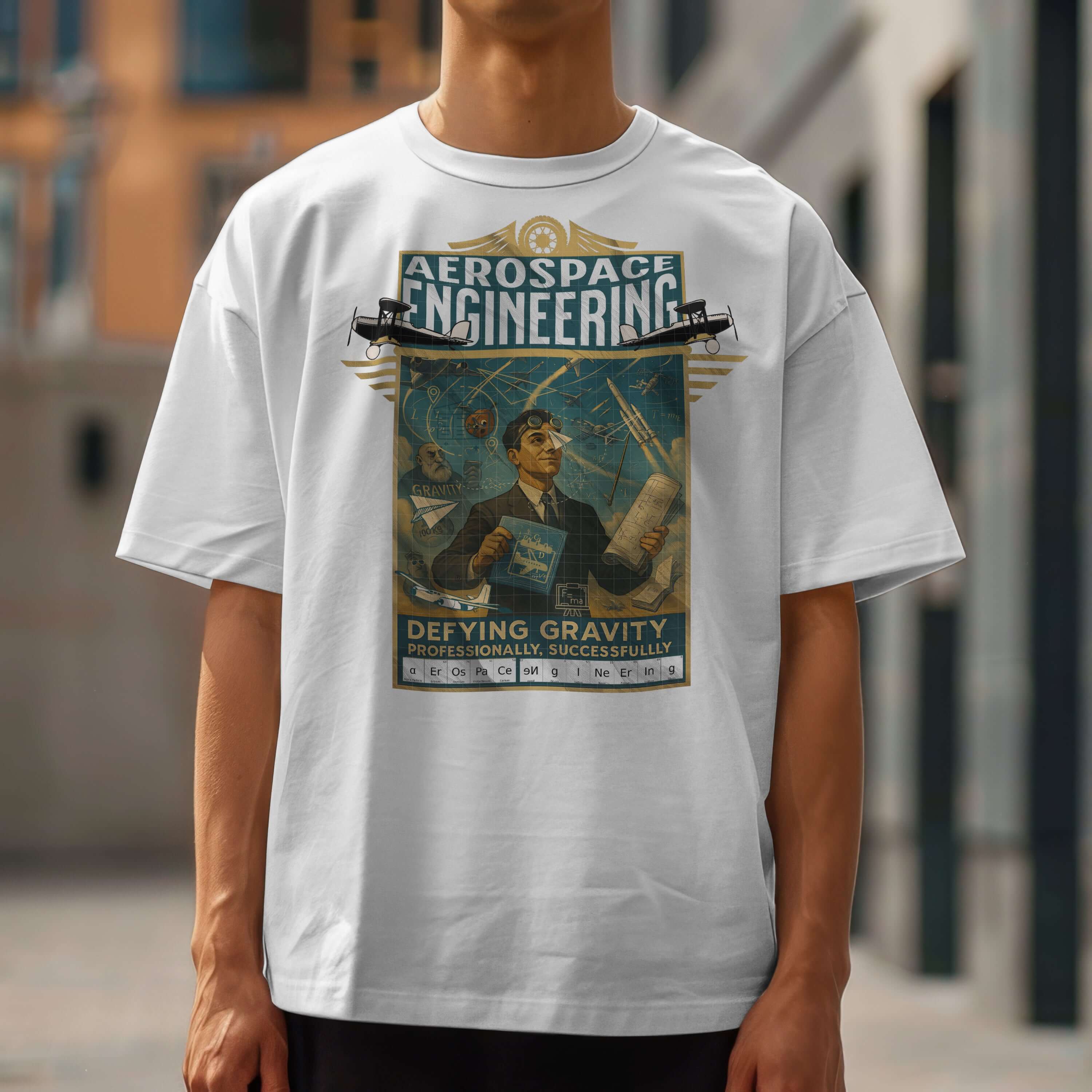 Aerospace Engineering T-Shirt featuring vintage aviation design 'Defying Gravity Professionally, Successfully' worn by a model.