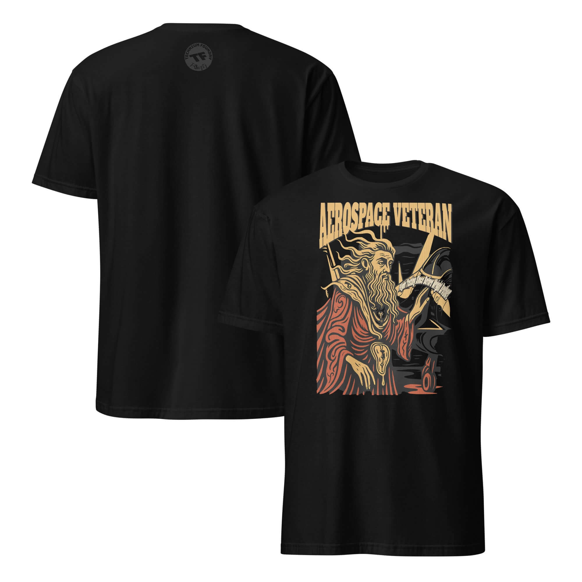Aerospace Veteran T-Shirt featuring a bearded flight test specialist, highlighting aviation history before the Wright Brothers.