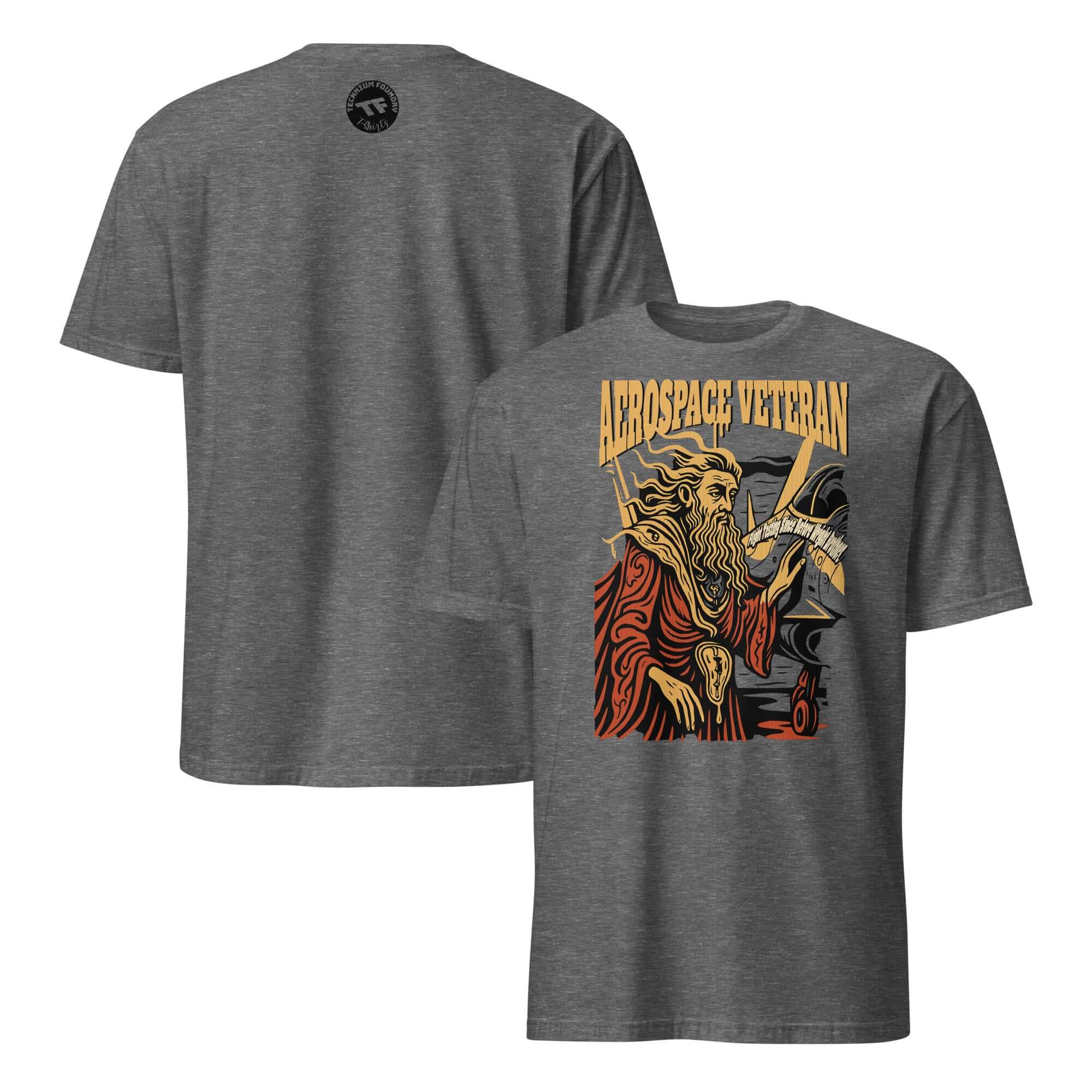 Aerospace Veteran T-Shirt featuring a vintage design of flight testing, back print highlights legendary aerospace consultant.