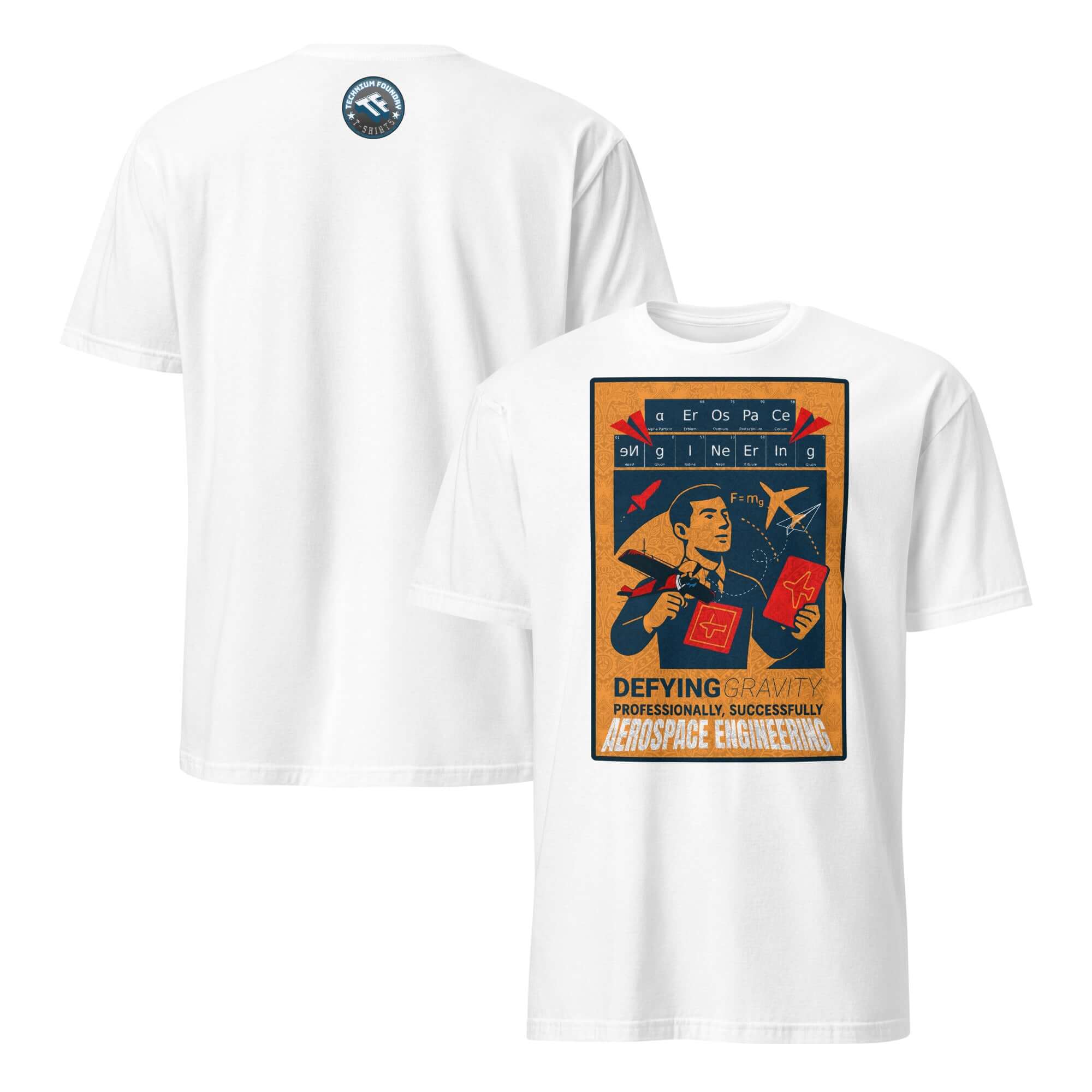 White t-shirt with vintage aerospace engineering design, showcasing a retro space race theme and defying gravity slogan.