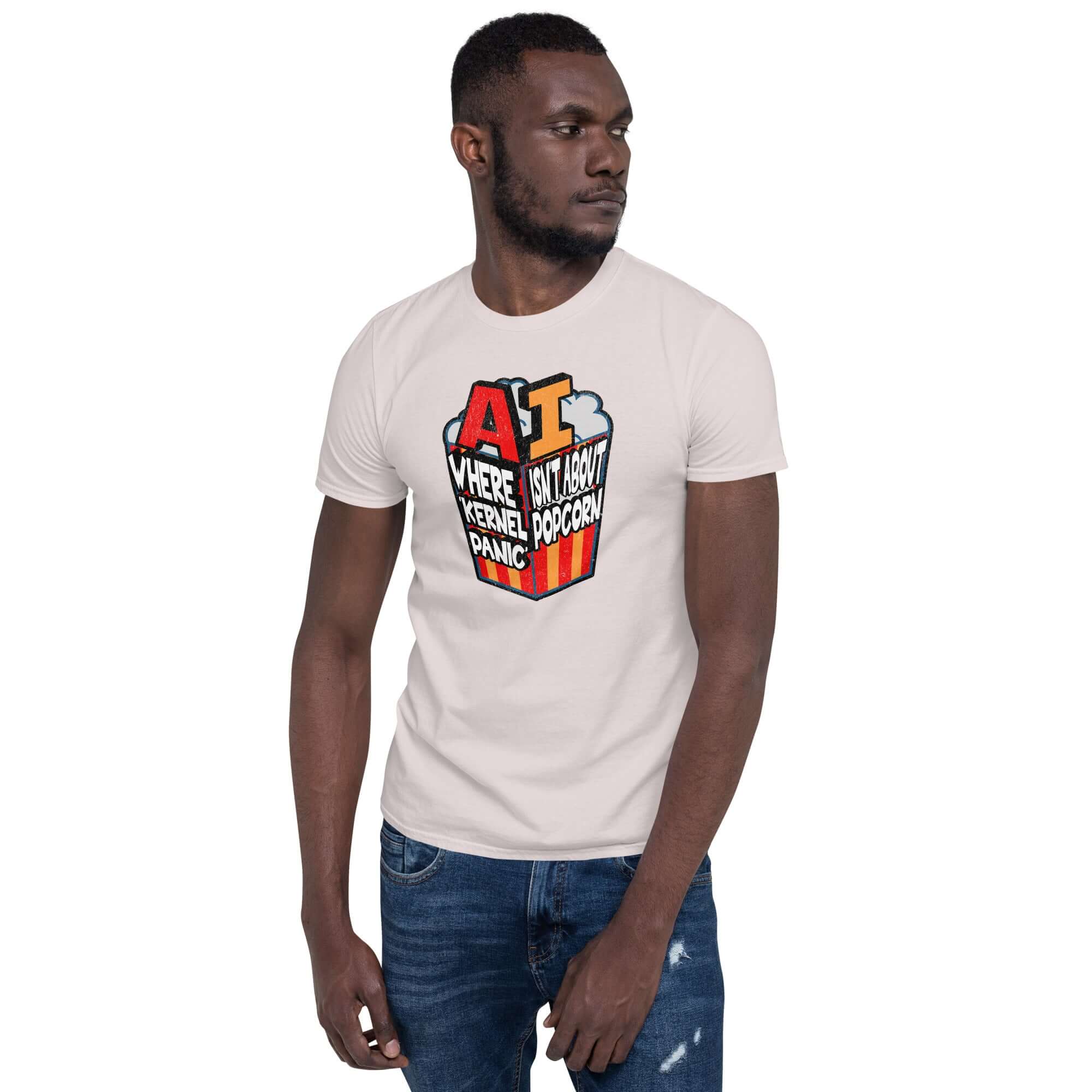 AI t-shirt with text 'Where Kernel Panic Isn't About Popcorn', featuring a popcorn box design, worn by a model, computer humor apparel.