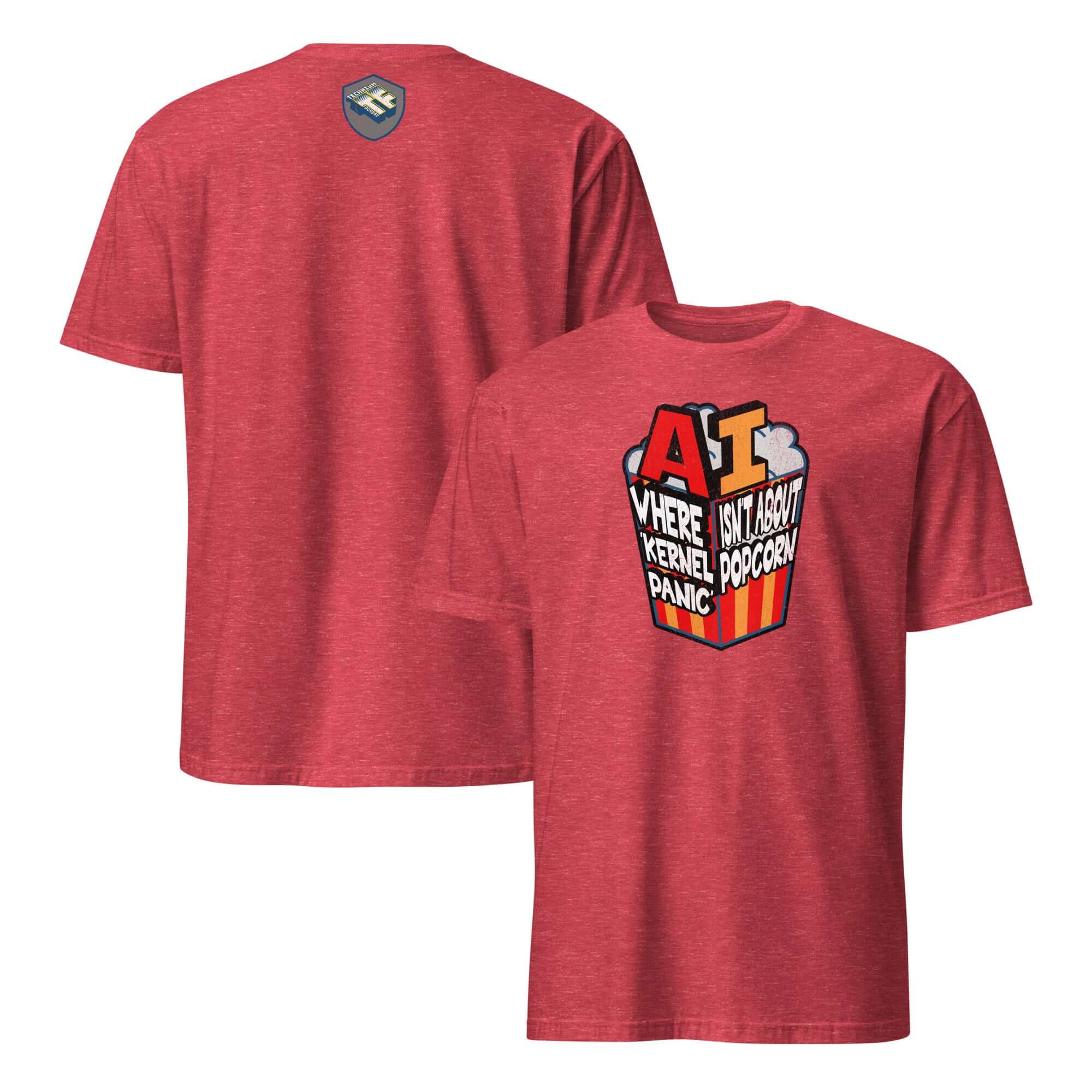 Red t-shirt featuring "AI: Where Kernel Panic Isn't About Popcorn" graphic with computer humor design.