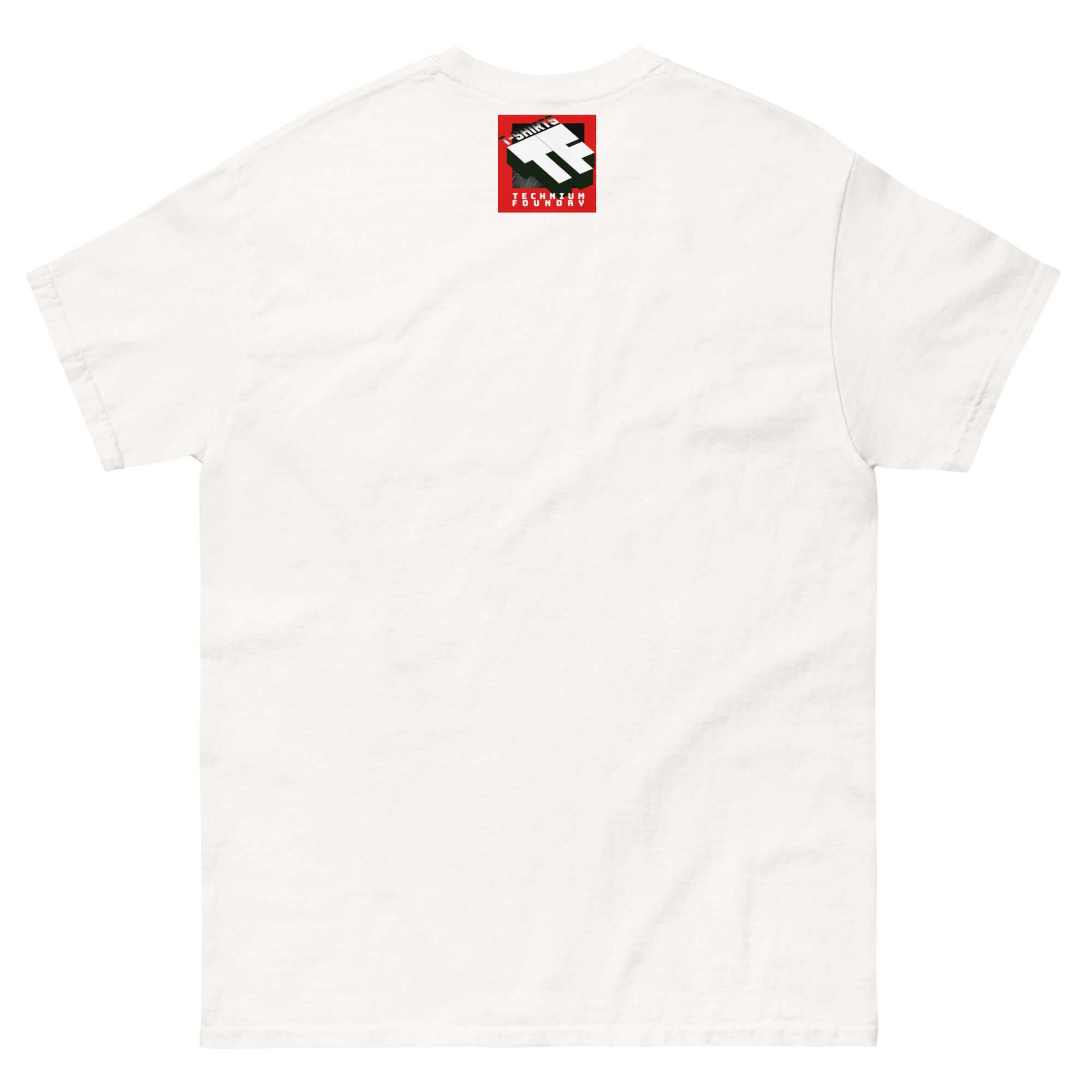 Cream "Amherst: THE COLLEGE" t-shirt back view with bold typographic design, highlighting identity crisis theme.
