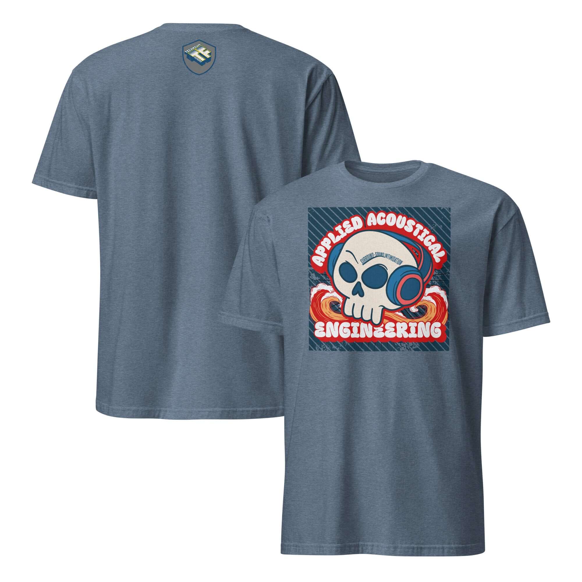 Applied Acoustical Engineering T-Shirt with Sound Wave Skull Design and Headphones, Perfect for Music Enthusiasts.