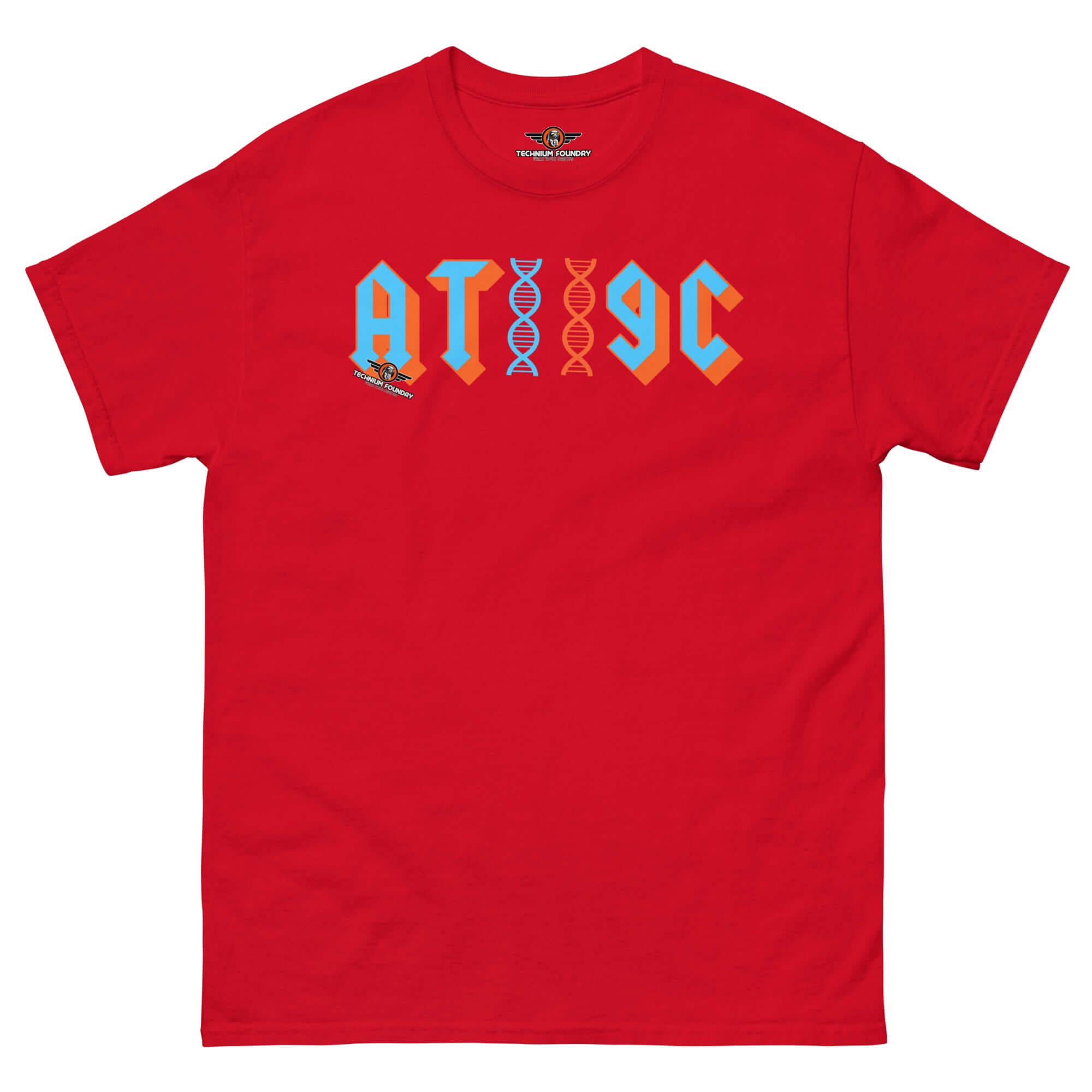 Red t-shirt featuring AT/GC genetics rock band design with DNA helix graphic. Perfect for science humor and metal music fans.