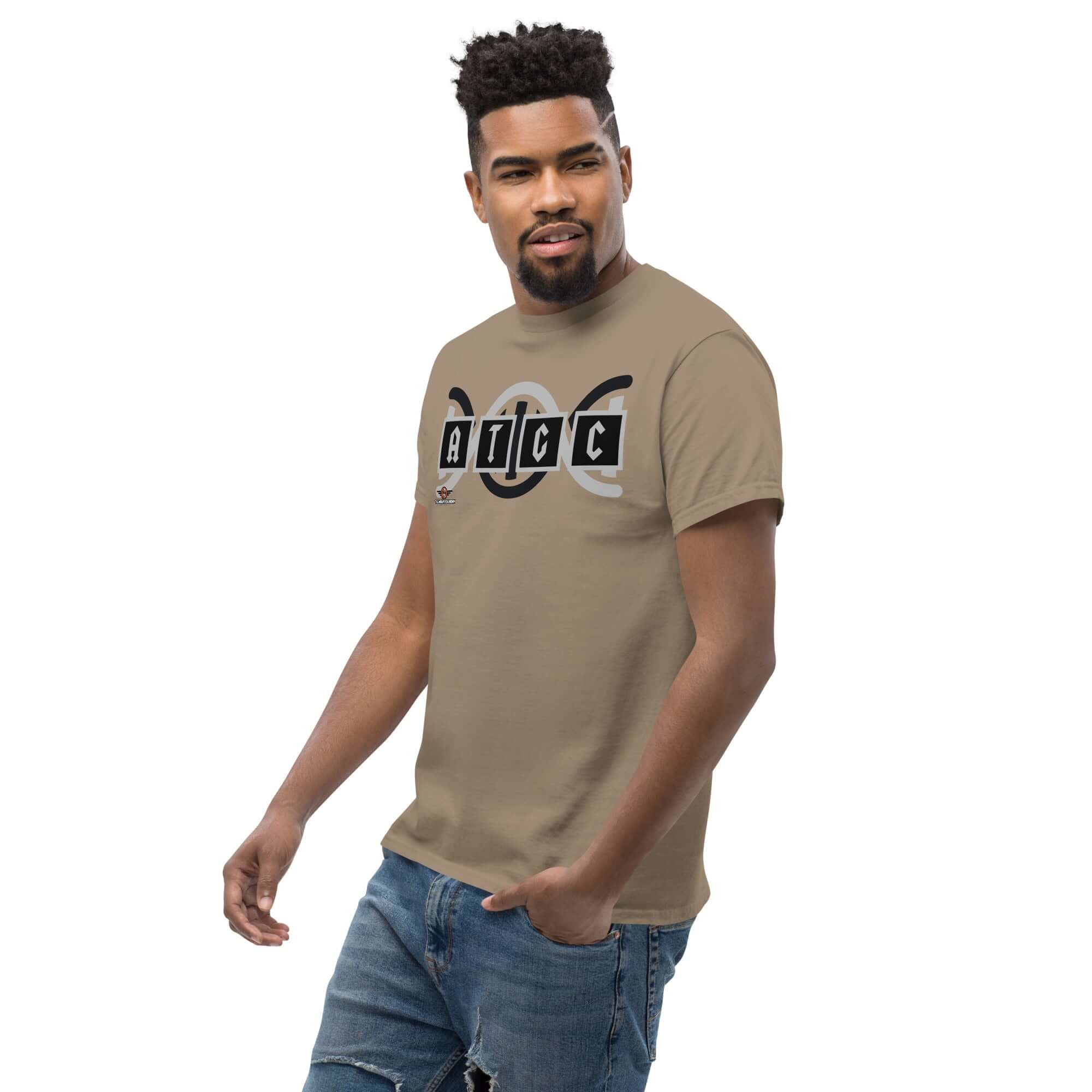 Person wearing AT/GC DNA Rock Band T-Shirt in brown, featuring metal band logo theme with DNA helix design, perfect for genetics enthusiasts.