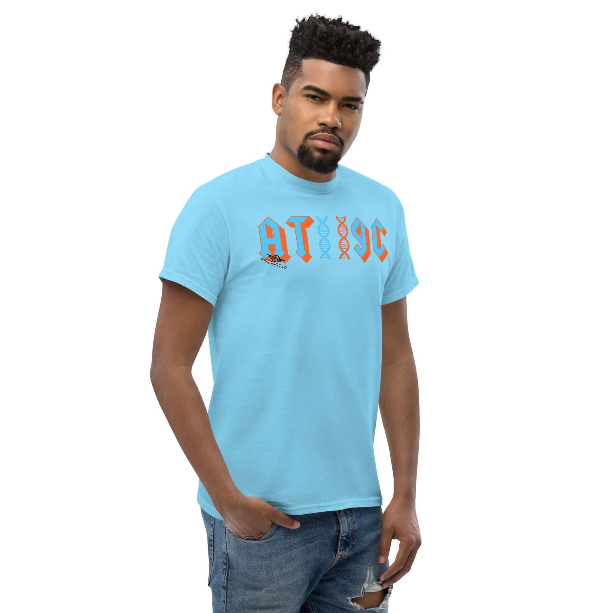 Man wearing blue AT/GC Rock Band DNA T-Shirt with genetics science humor design.