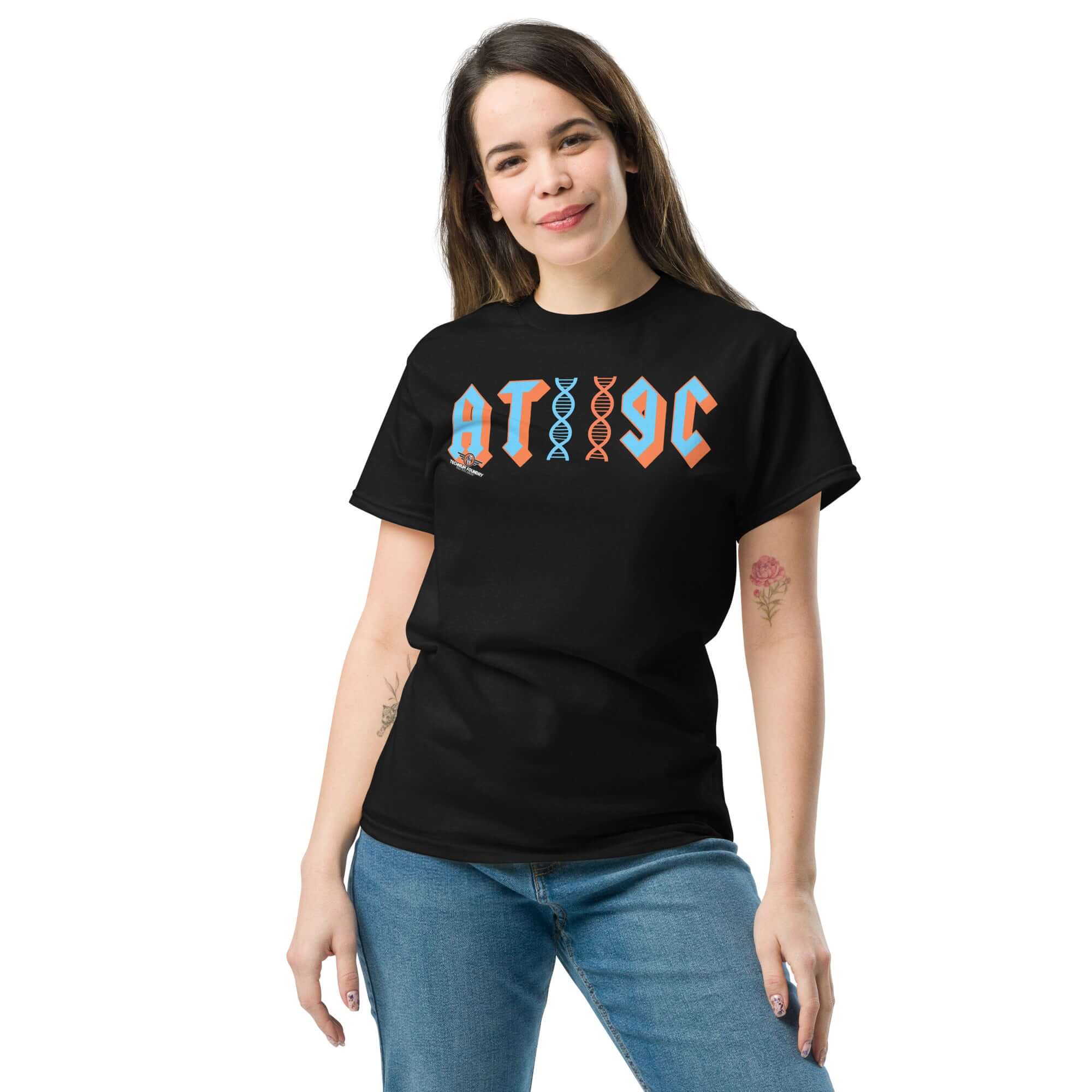 Woman wearing AT/GC DNA rock band t-shirt with genetics humor design and metal band typography.