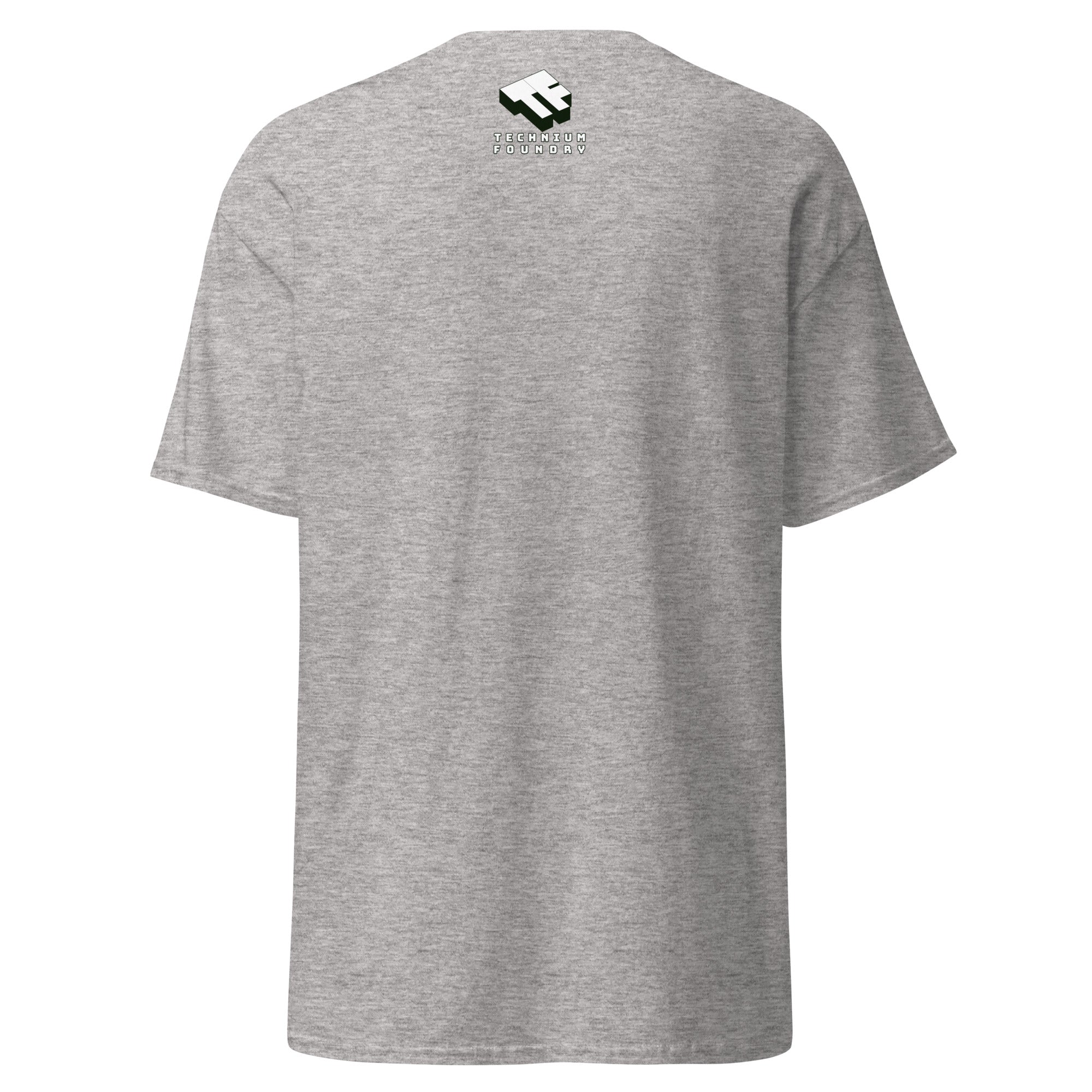 Back view of a grey t-shirt with a small logo at the upper center, no visible design on the back.