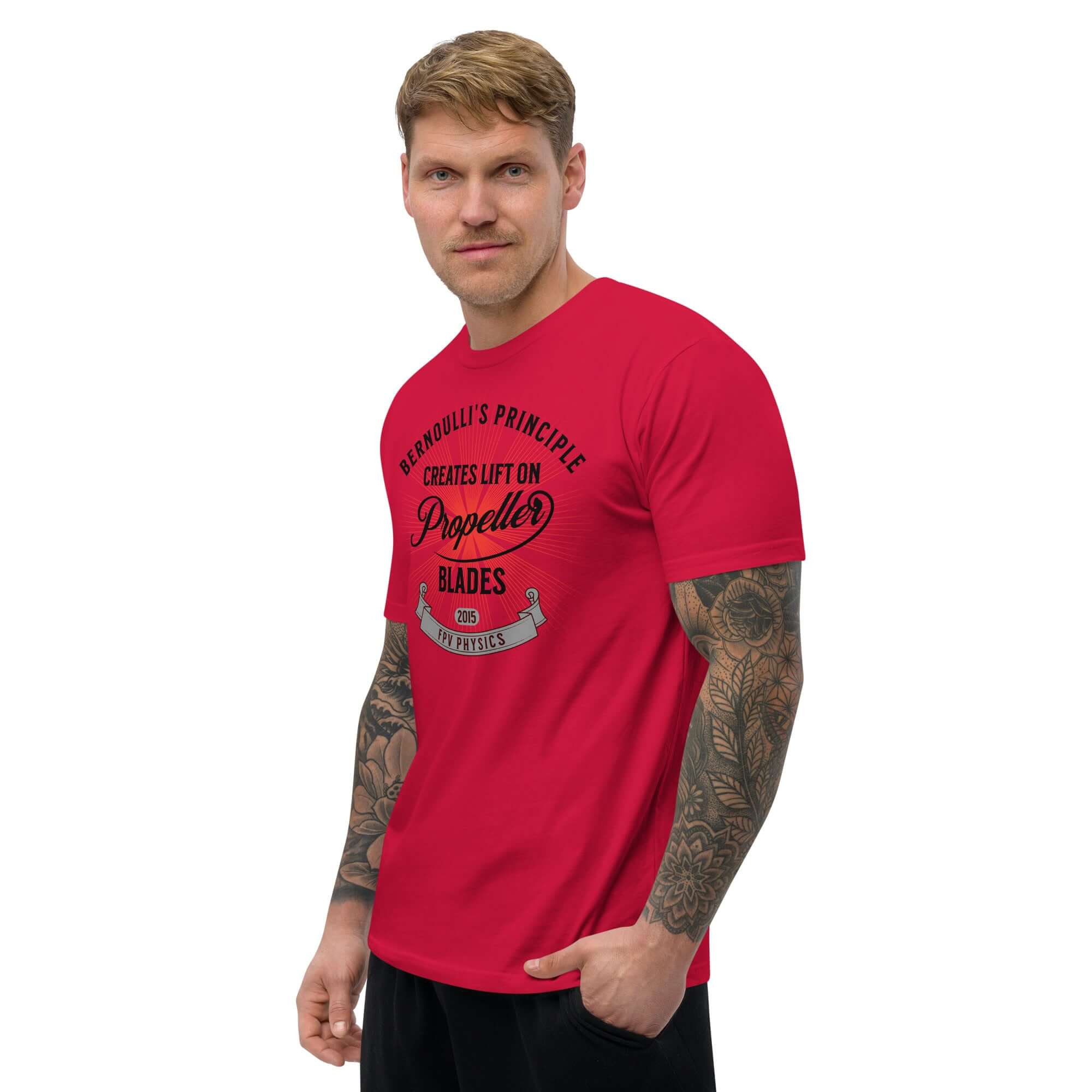 Man wearing a red 'Bernoulli's Principle Creates Lift on Propeller Blades' tee, highlighting drone technology and aerodynamics.