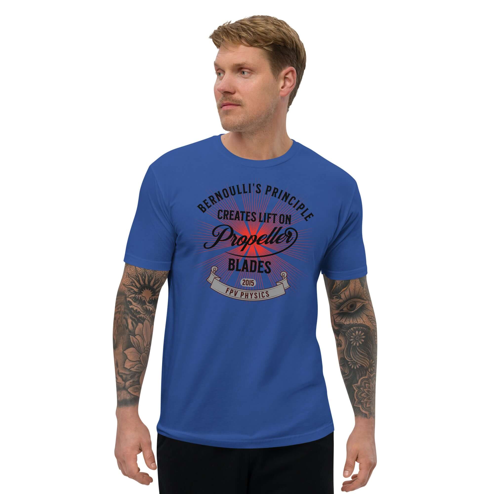 Man wearing a blue t-shirt with 'Bernoulli's Principle Creates Lift on Propeller Blades' design, celebrating drone technology and fluid dynamics.