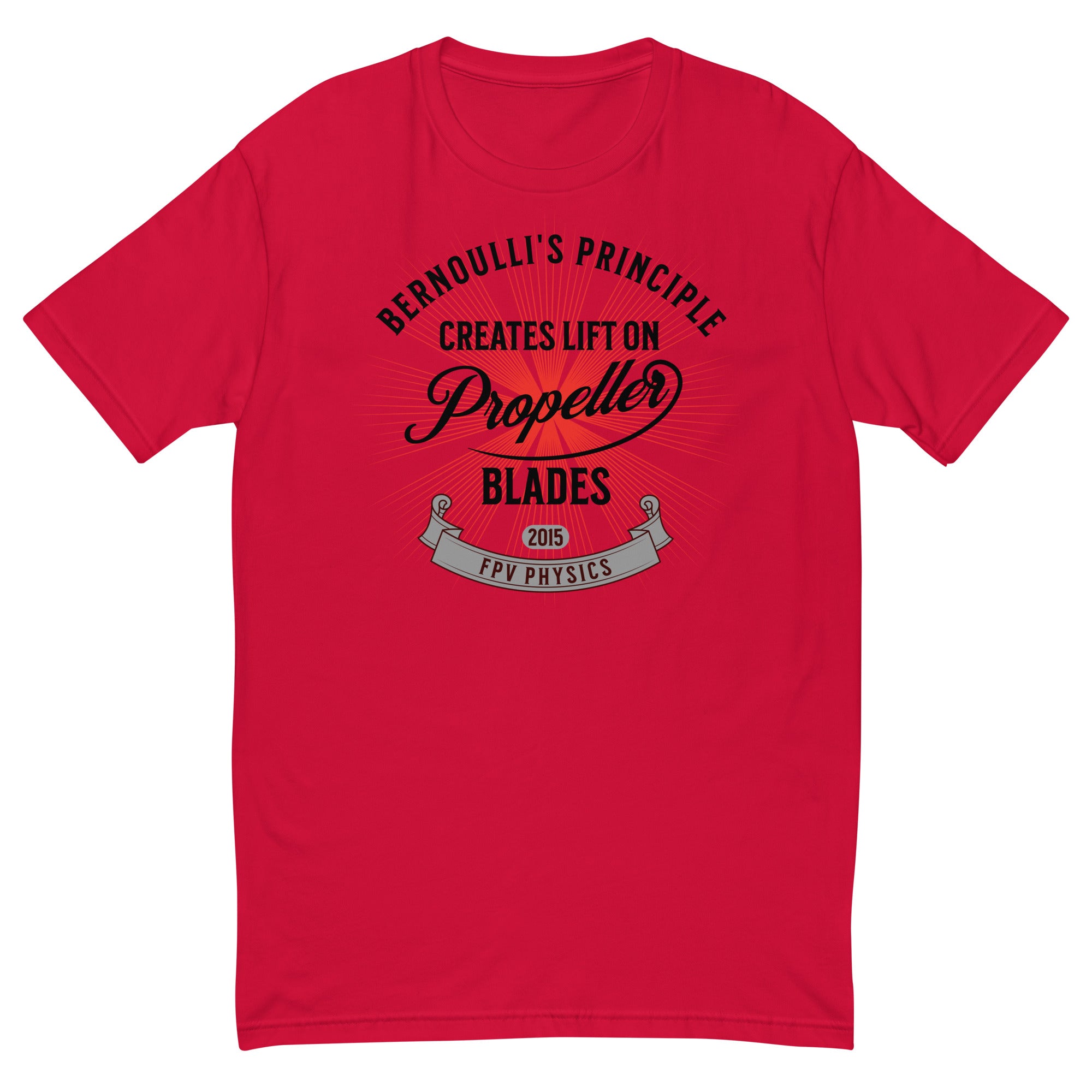 Red tee with 'Bernoulli's Principle Creates Lift on Propeller Blades' design, perfect for drone enthusiasts and physics lovers.