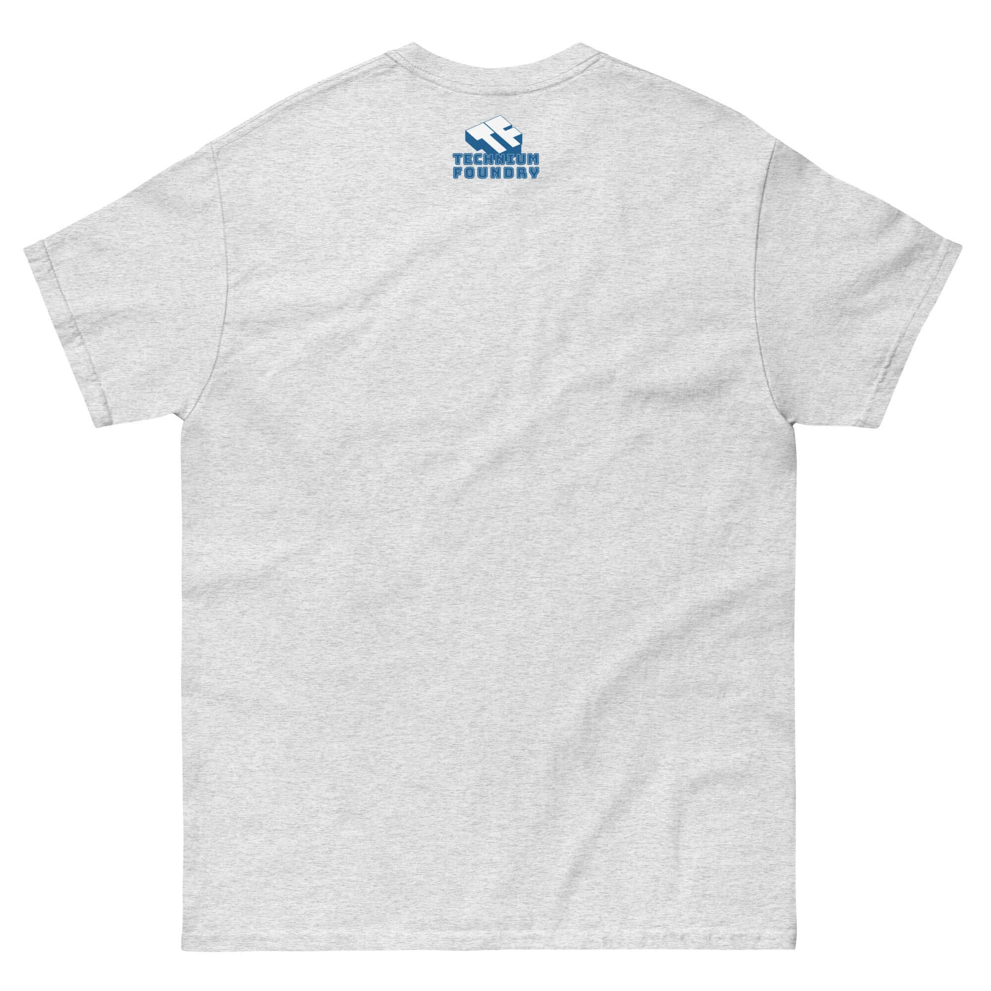 Back view of gray t-shirt featuring text "Tech Barn Foundry" in blue, emphasizing aerodynamic and aviation themes.