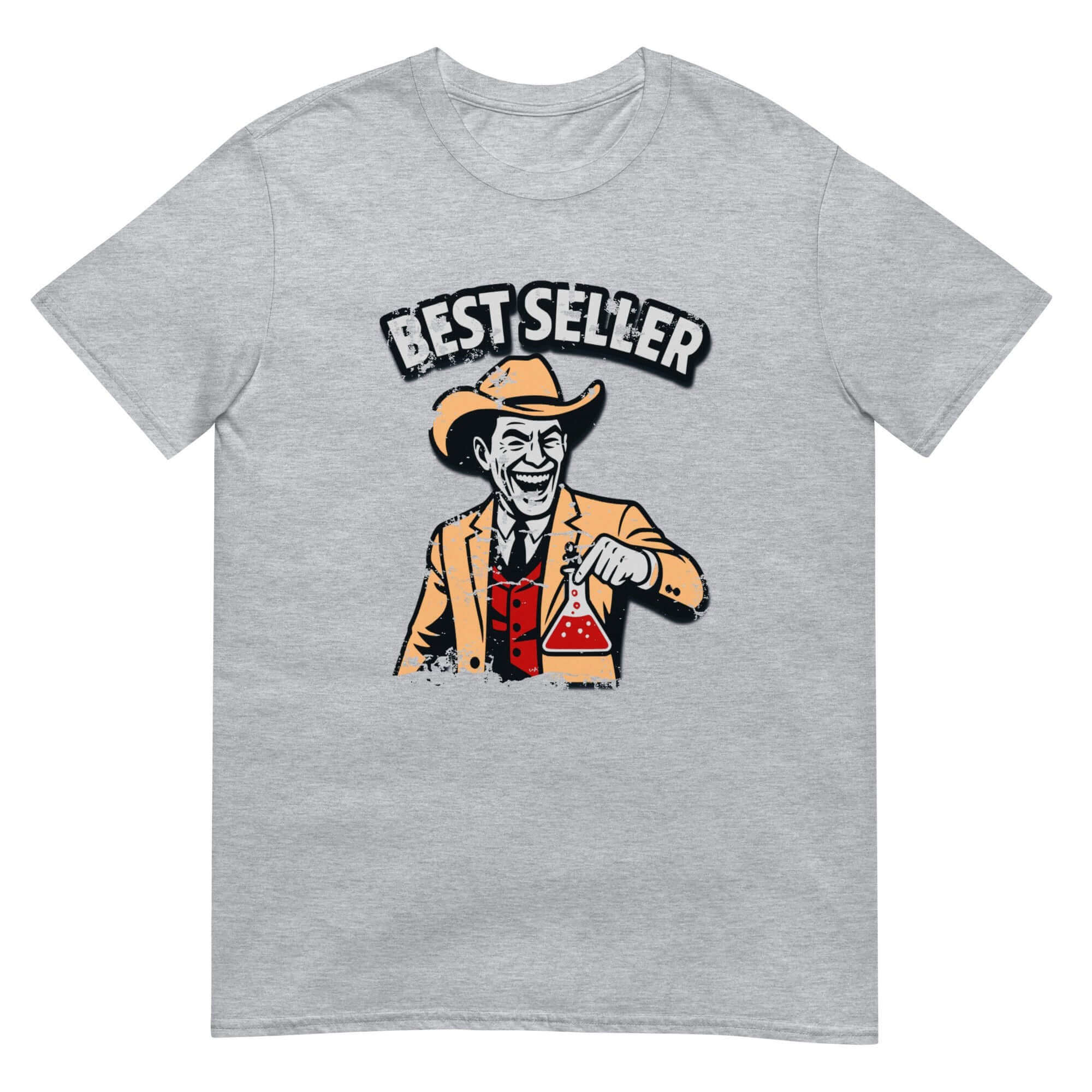 Unisex grey t-shirt with chemistry-themed graphic of a smiling man in a cowboy hat holding a flask, labeled 'Bestseller'.