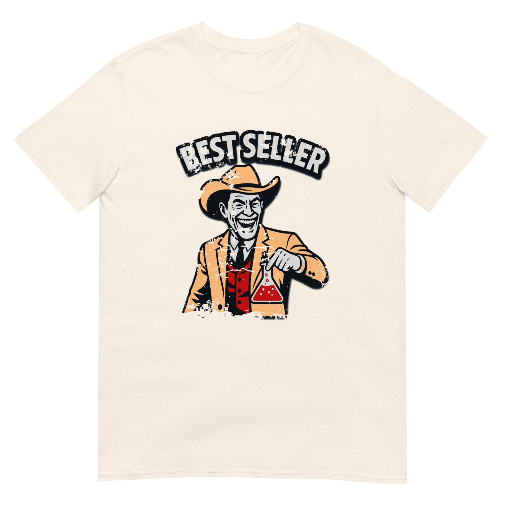 Short-sleeve unisex t-shirt featuring cartoon chemist with beaker and 'Best Seller' text, perfect for pharmaceutical humor.