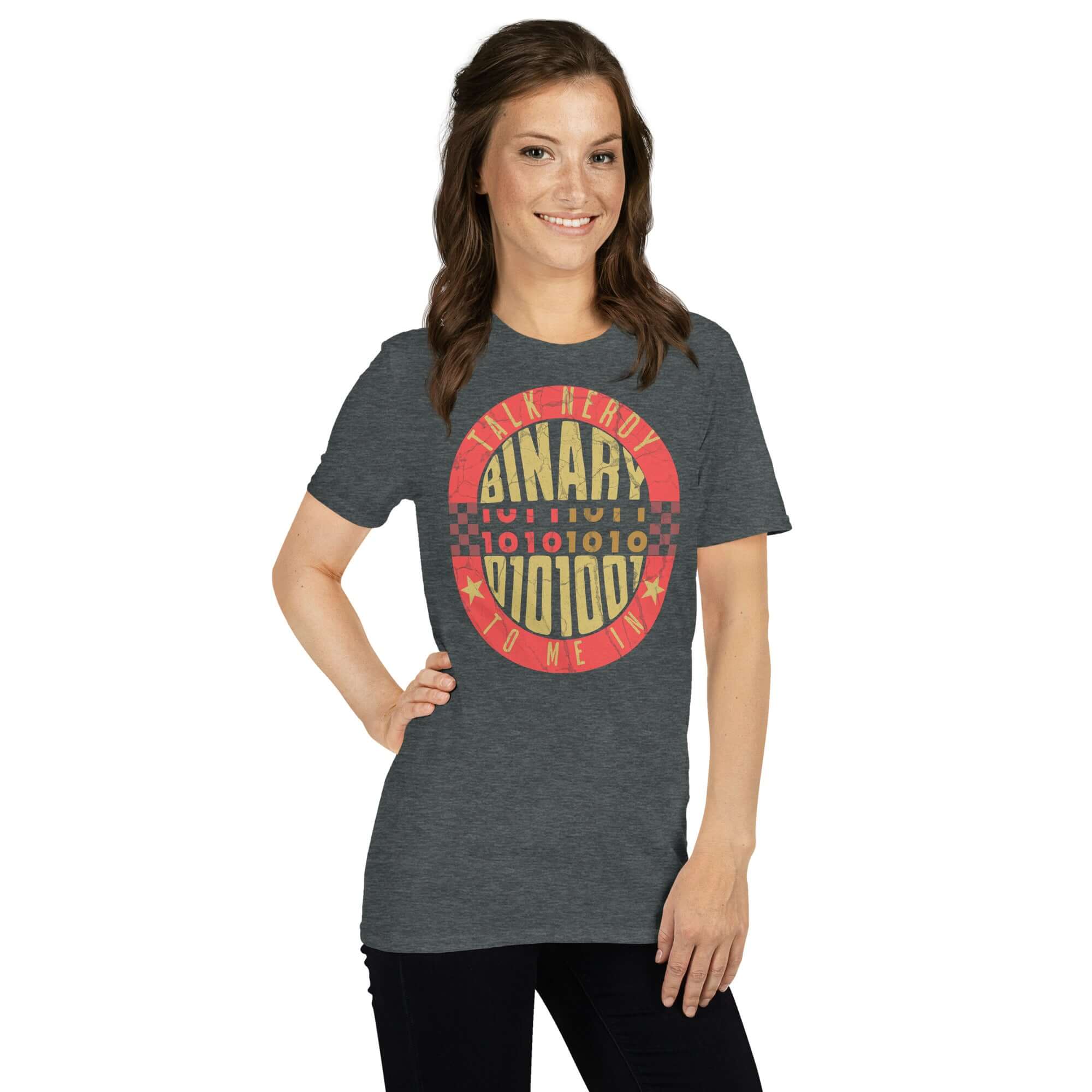 Woman wearing 'Talk Nerdy To Me In Binary' T-shirt, dark grey, with red and yellow binary code design, perfect for programmers.