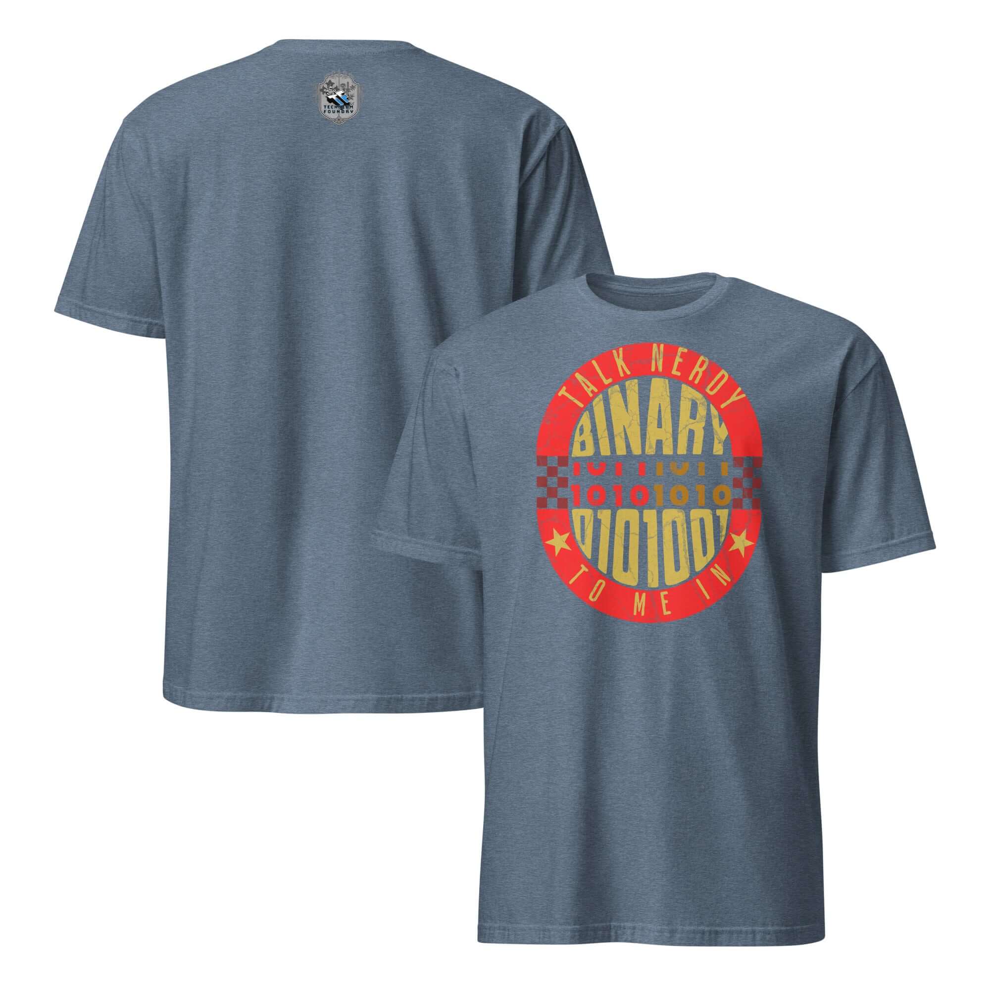 "Talk Nerdy To Me In Binary" T-shirt with colorful programming-themed badge design on blue fabric.