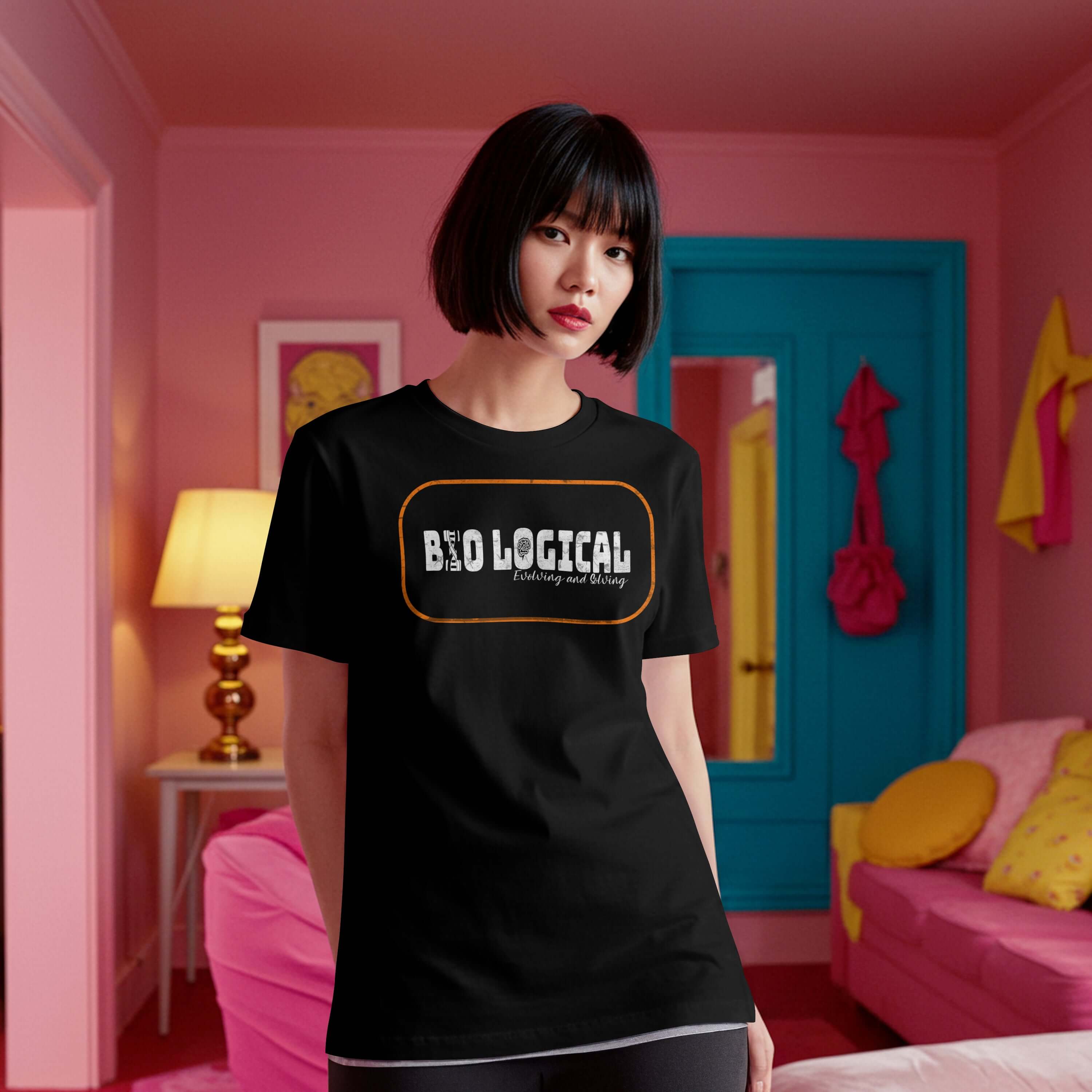 Woman wearing Bio-Logical T-Shirt in stylish room; black shirt with witty evolution design and grunge badge, academic apparel.