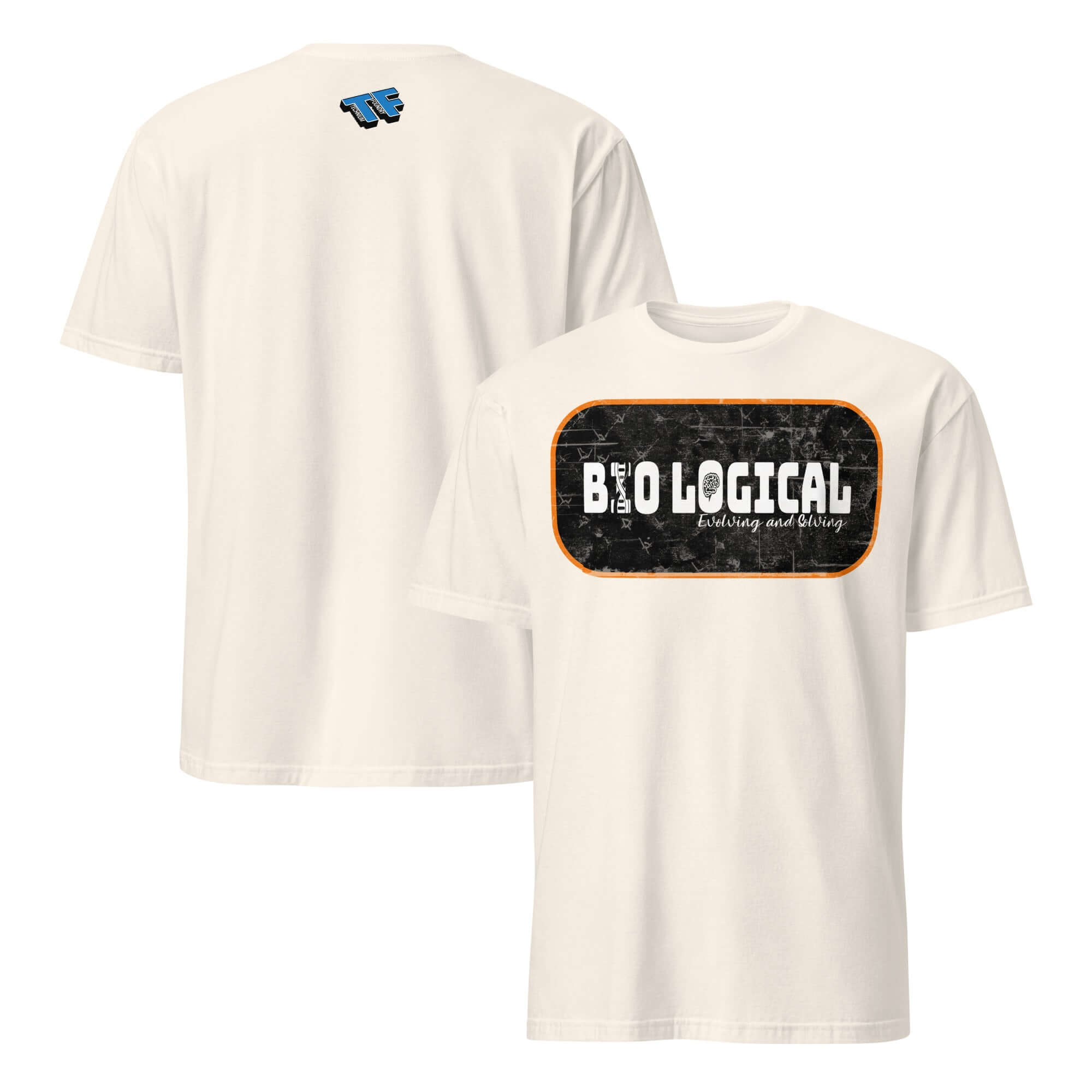 White T-shirt featuring 'BIO-LOGICAL - Evolving and Solving' design with grunge badge and orange accents.