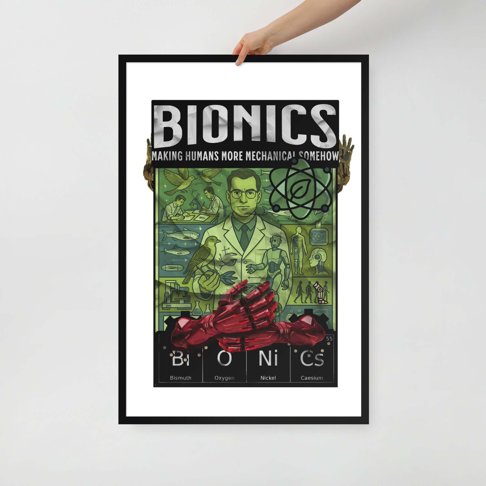Framed bionics poster print with vintage lab design, showcasing human-mechanical integration, perfect for bioengineering enthusiasts.