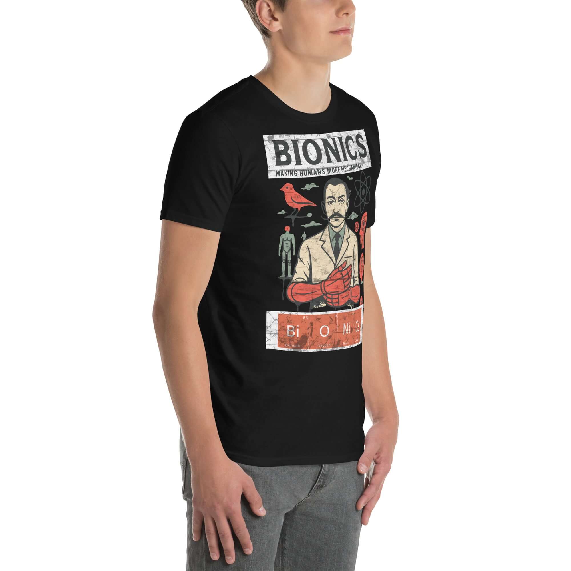 Bionics T-Shirt featuring a vintage cybernetic lab design celebrating human enhancement and visionary engineering.