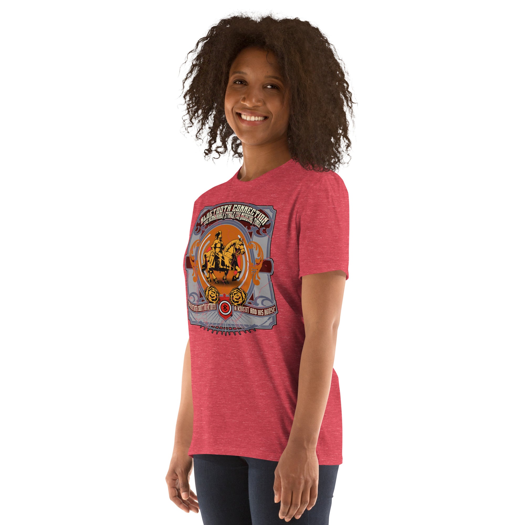 Person wearing Bluetooth Connection T-Shirt featuring medieval knight humor design.