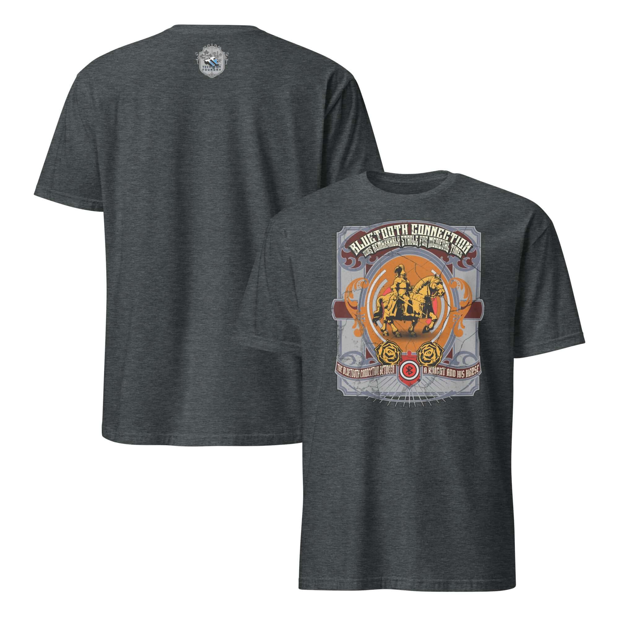 Medieval tech humor t-shirt featuring a knight and steed, celebrating historical Bluetooth connection. Perfect for tech enthusiasts.