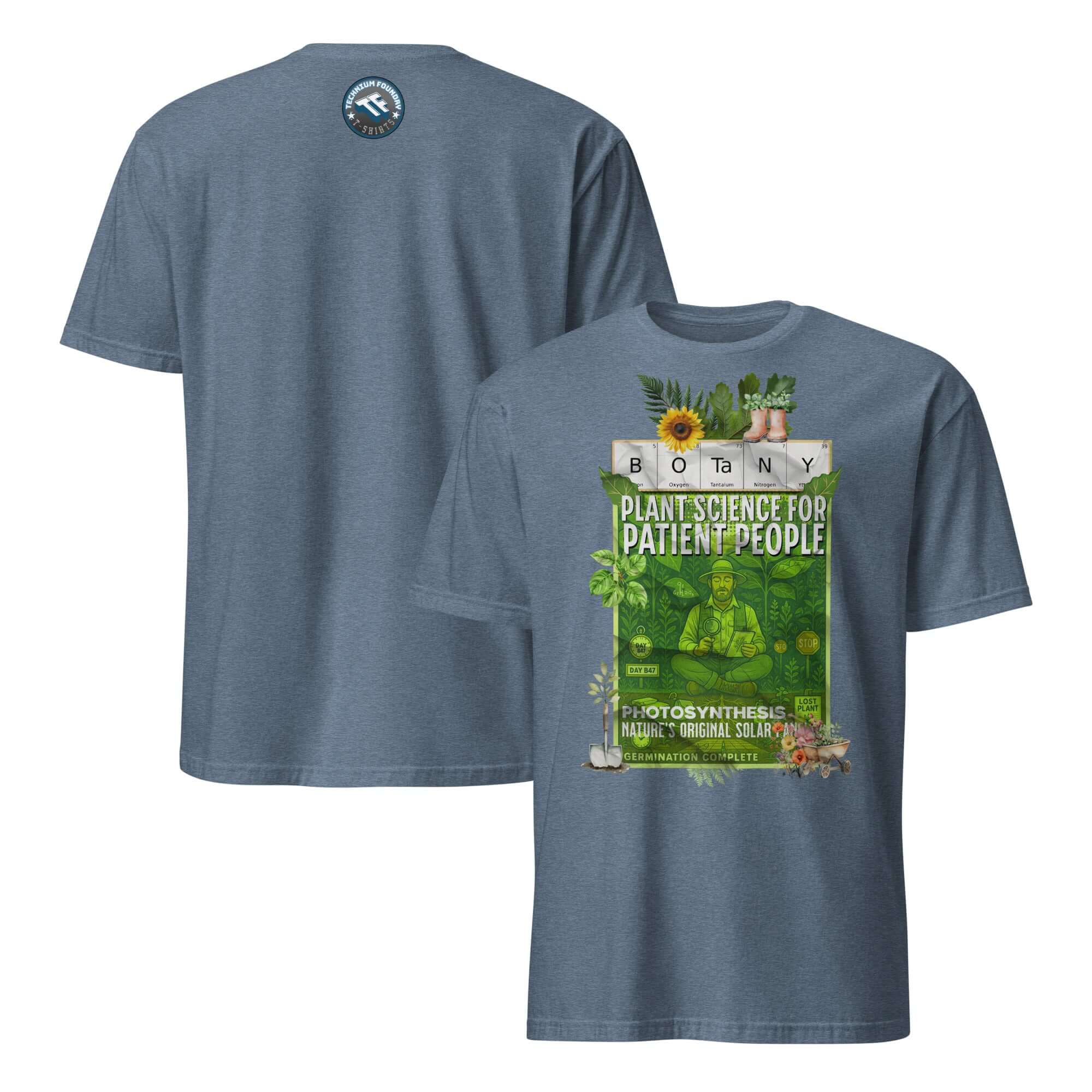 Blue t-shirt featuring a vintage botanical field guide design with 'Botany: Plant Science For Patient People' on the front.