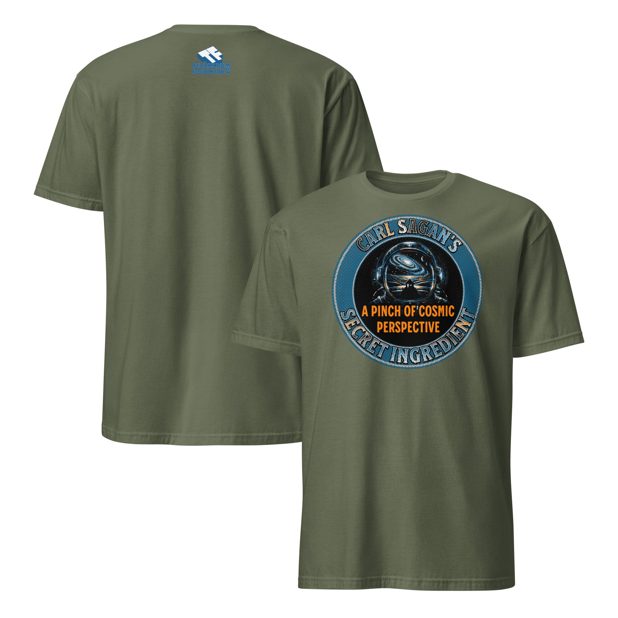 Olive green T-shirt featuring Carl Sagan's Secret Ingredient design with astronaut helmet and galaxy reflection, cosmic perspective theme.