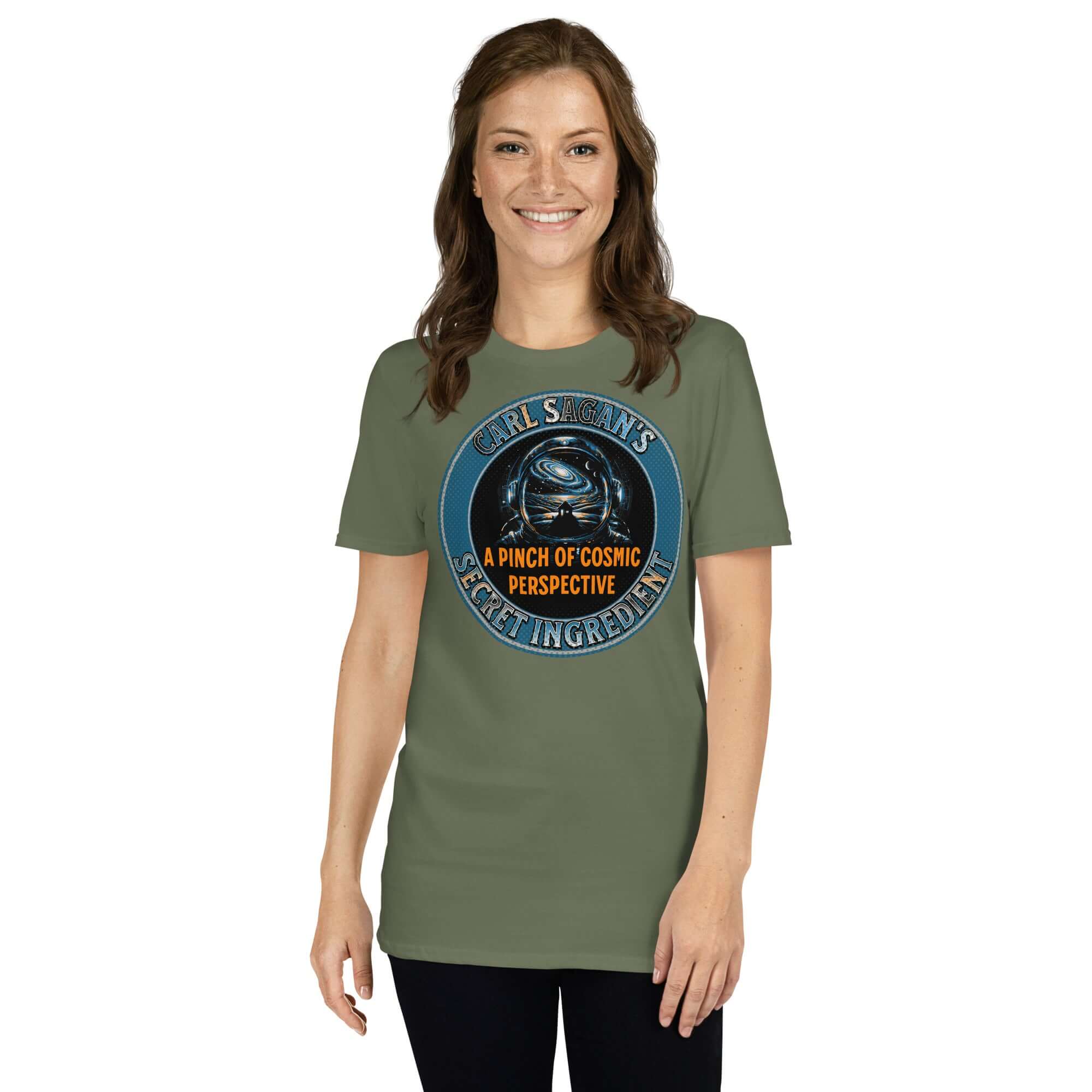 Woman wearing 'Carl Sagan's Secret Ingredient' T-shirt featuring astronaut helmet and swirling galaxy design.