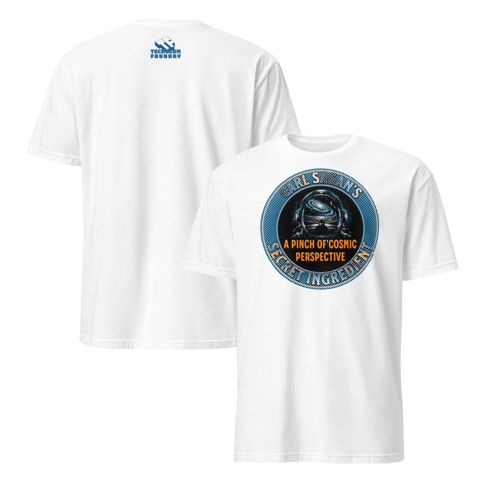 Carl Sagan's Secret Ingredient T-shirt with galaxy-themed astronaut helmet design, highlighting cosmic perspective and awe.