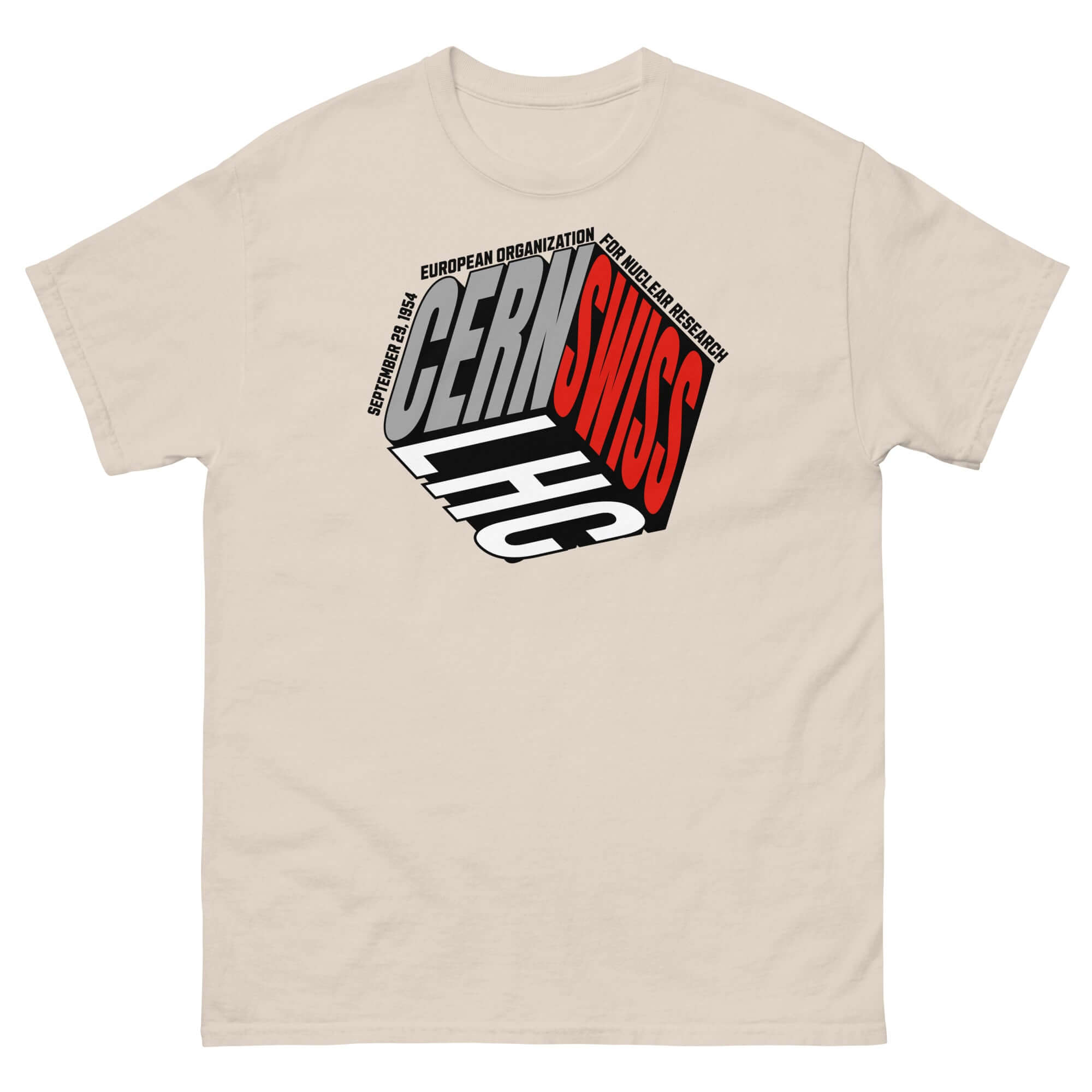 CERN Swiss Physics Cube T-Shirt featuring reimagined logo, olive-green, for science enthusiasts and fashion-forward individuals.