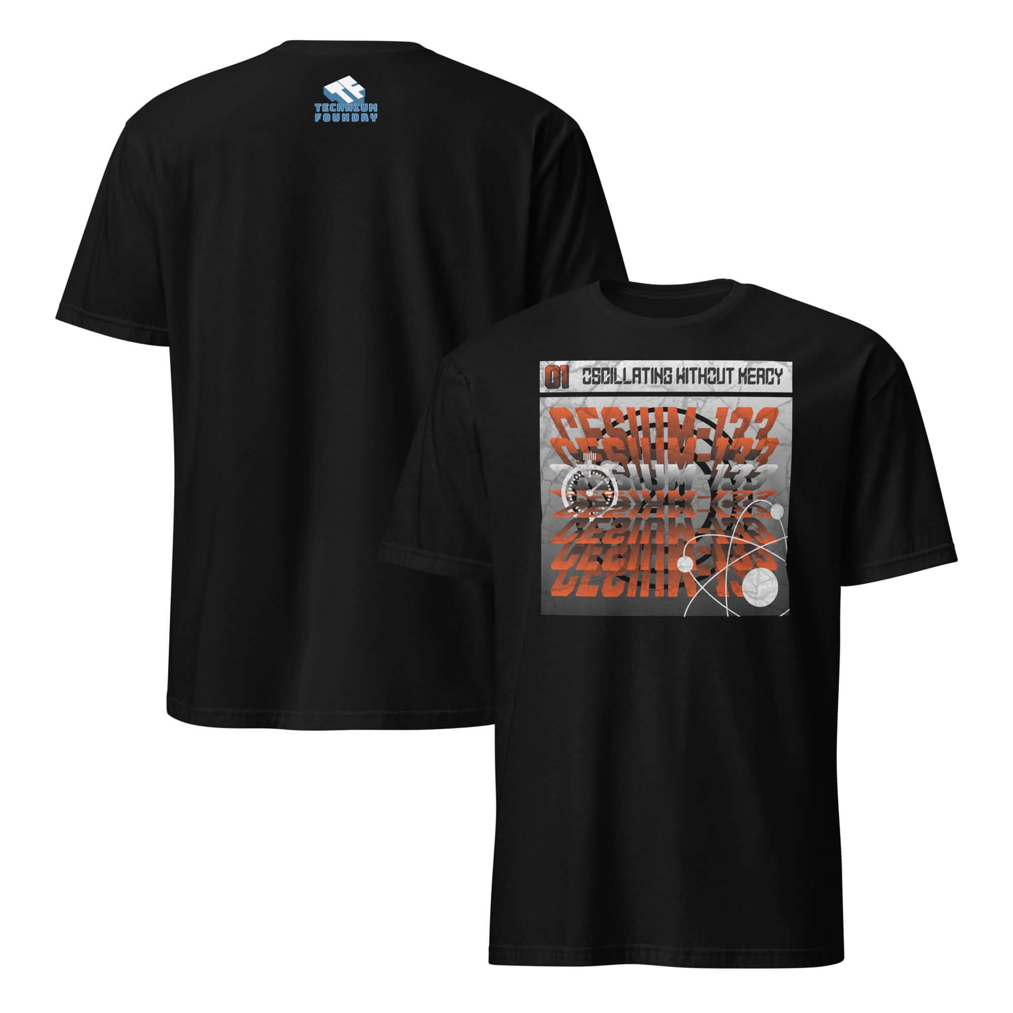 Cesium-133 Oscillation T-Shirt featuring atomic clock design with industrial-minimalist style, black with red typography.