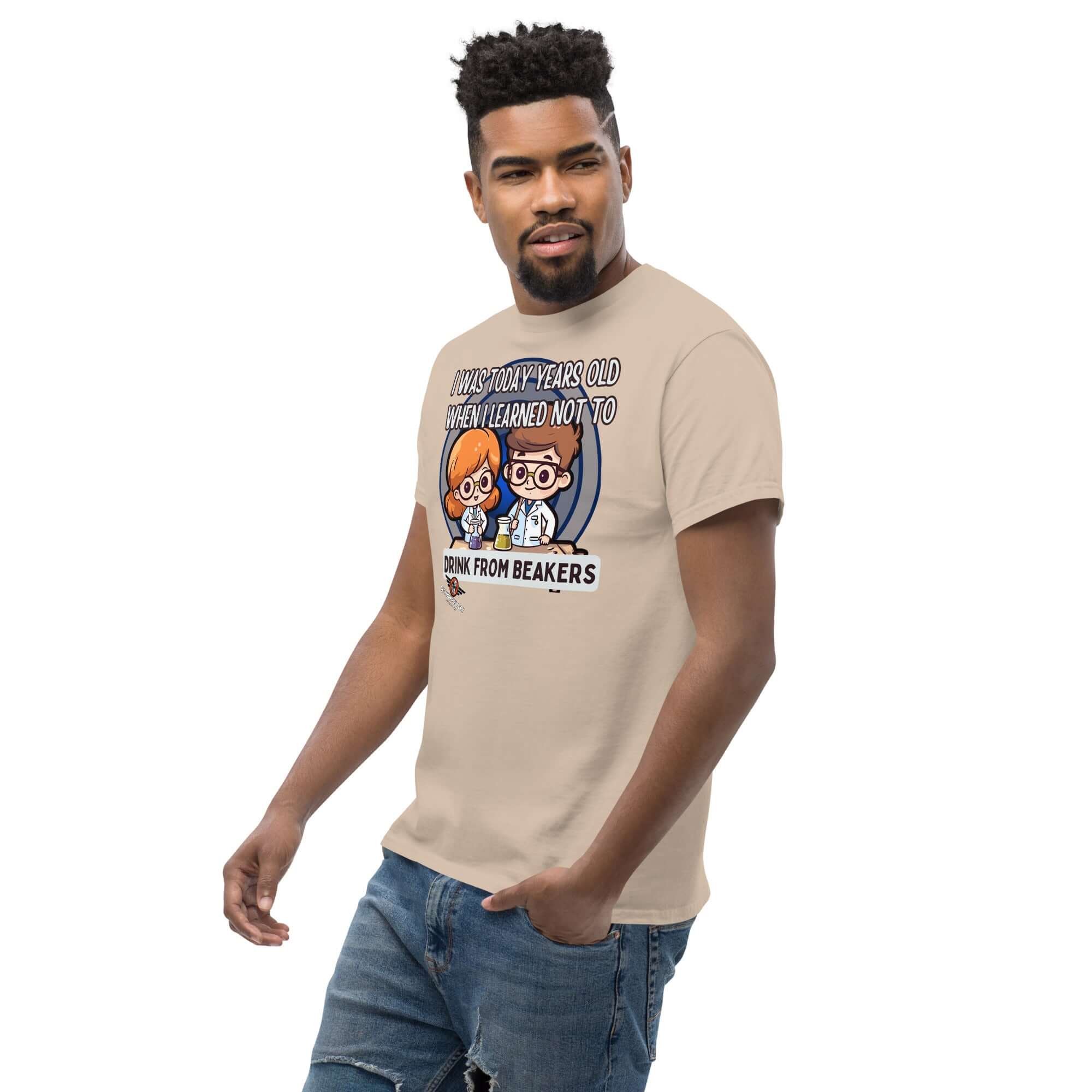 Man wearing 'I Was Today Years Old' chemistry humor t-shirt with chibi scientists and beaker warning.