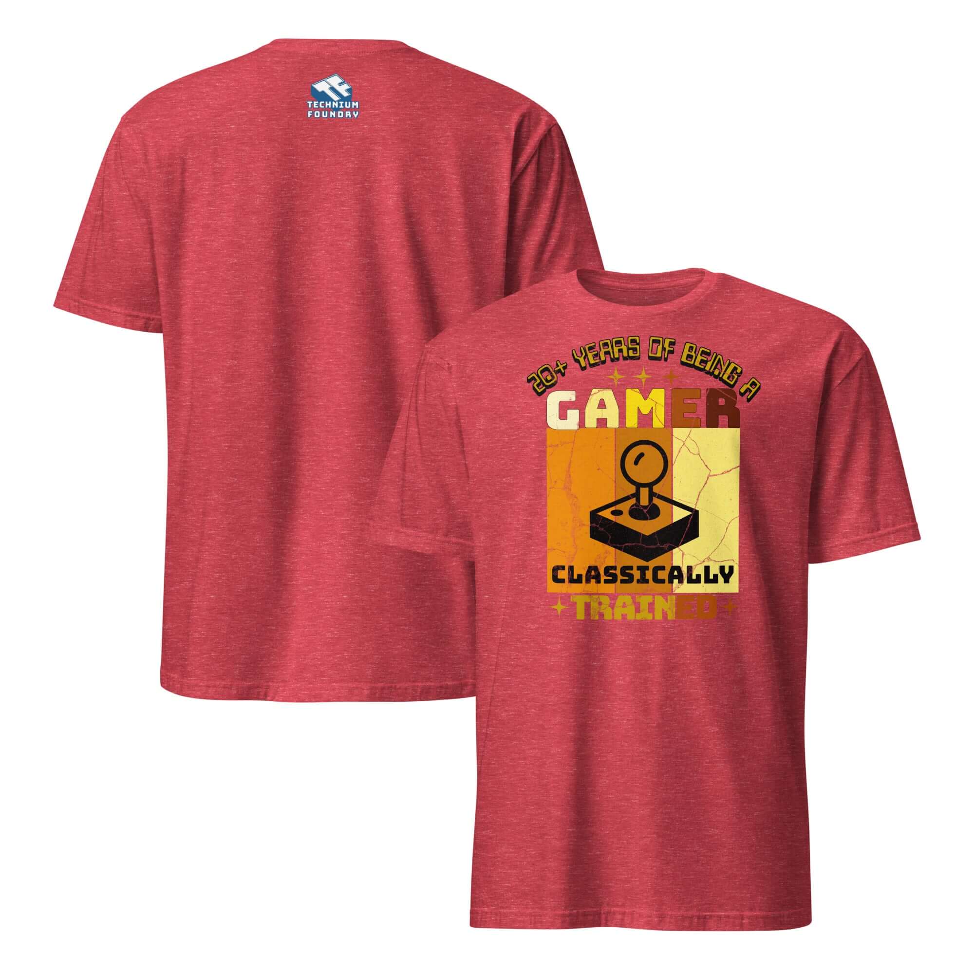 Red Classically Trained Gamer T-Shirt with retro controller design, celebrating 20+ years of gaming expertise in style.