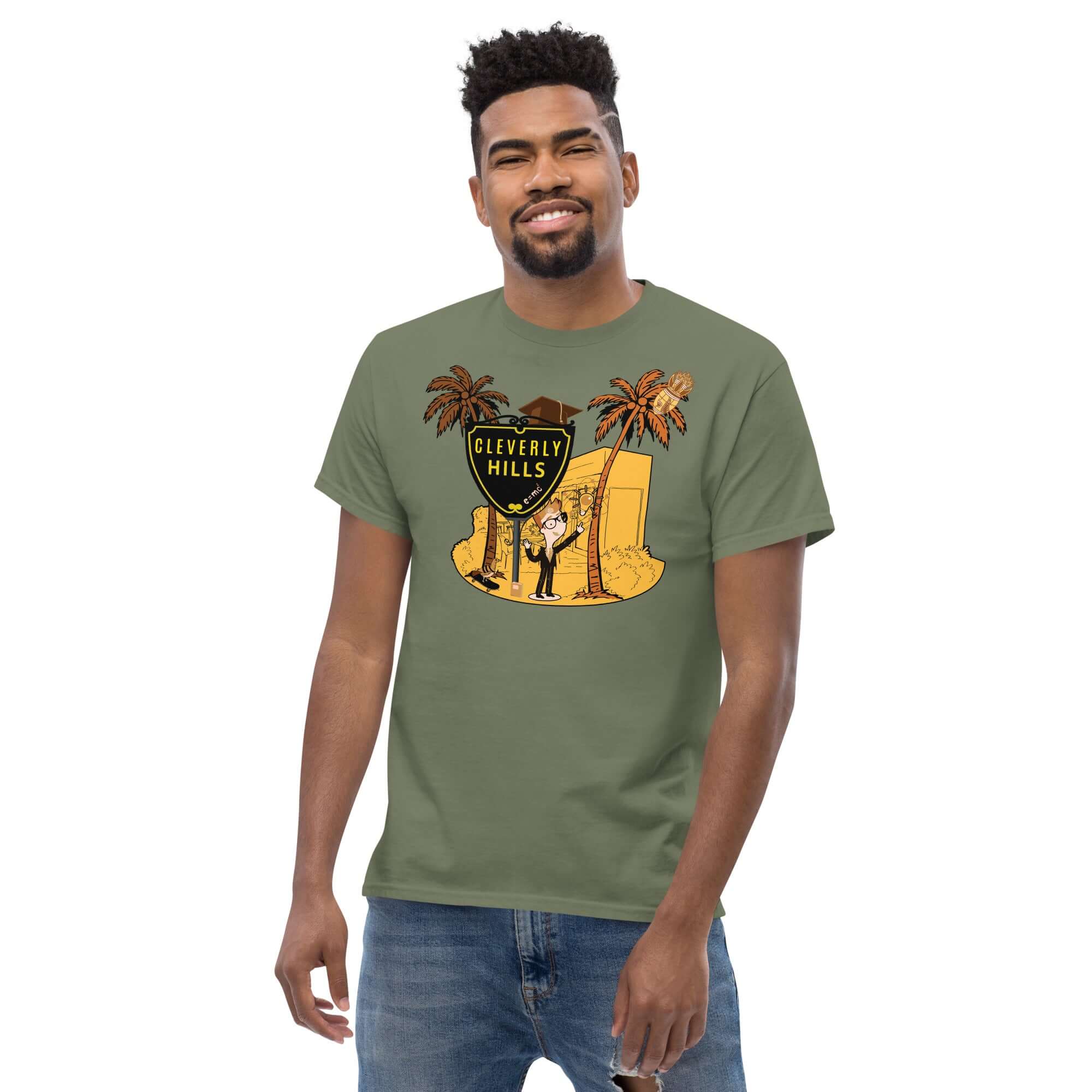 Man wearing Cleverly Hills E=mc² T-shirt, featuring Beverly Hills science parody design with Einstein and palm trees on green fabric.